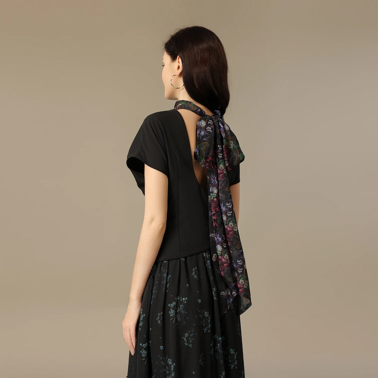 Black Maxi Crepe Dress with Floral Chiffon Skirt and Back Scarf - Image 6