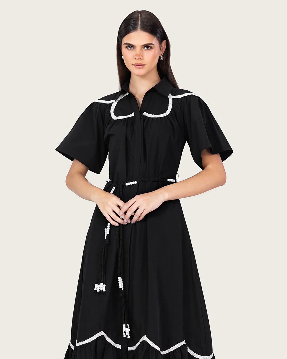 Black Poplin Maxi Dress with Lace Inserts and Beaded Waist Belt - Image 10