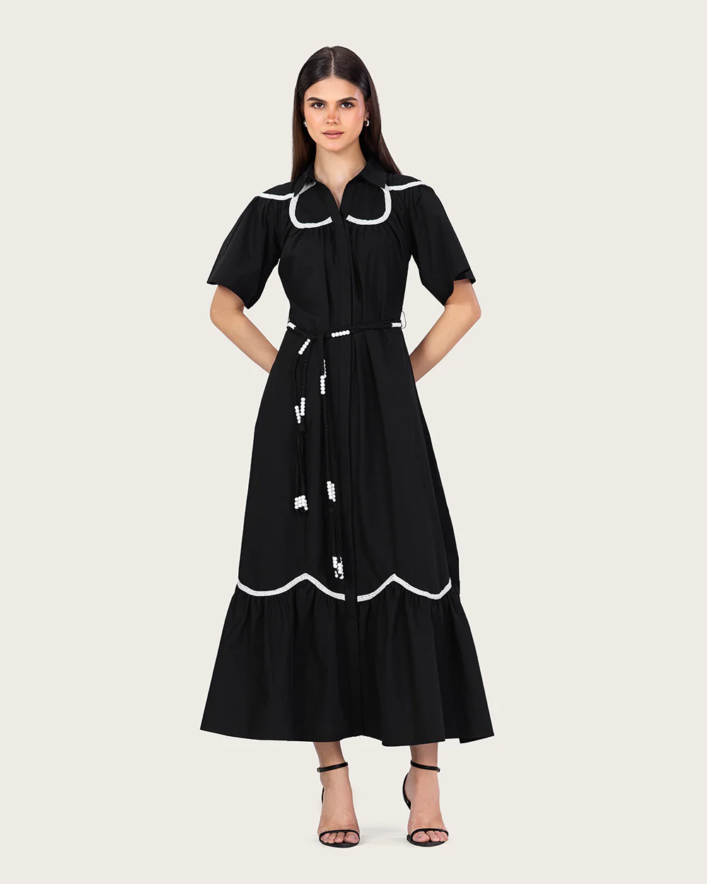 Black Poplin Maxi Dress with Lace Inserts and Beaded Waist Belt - Image 4