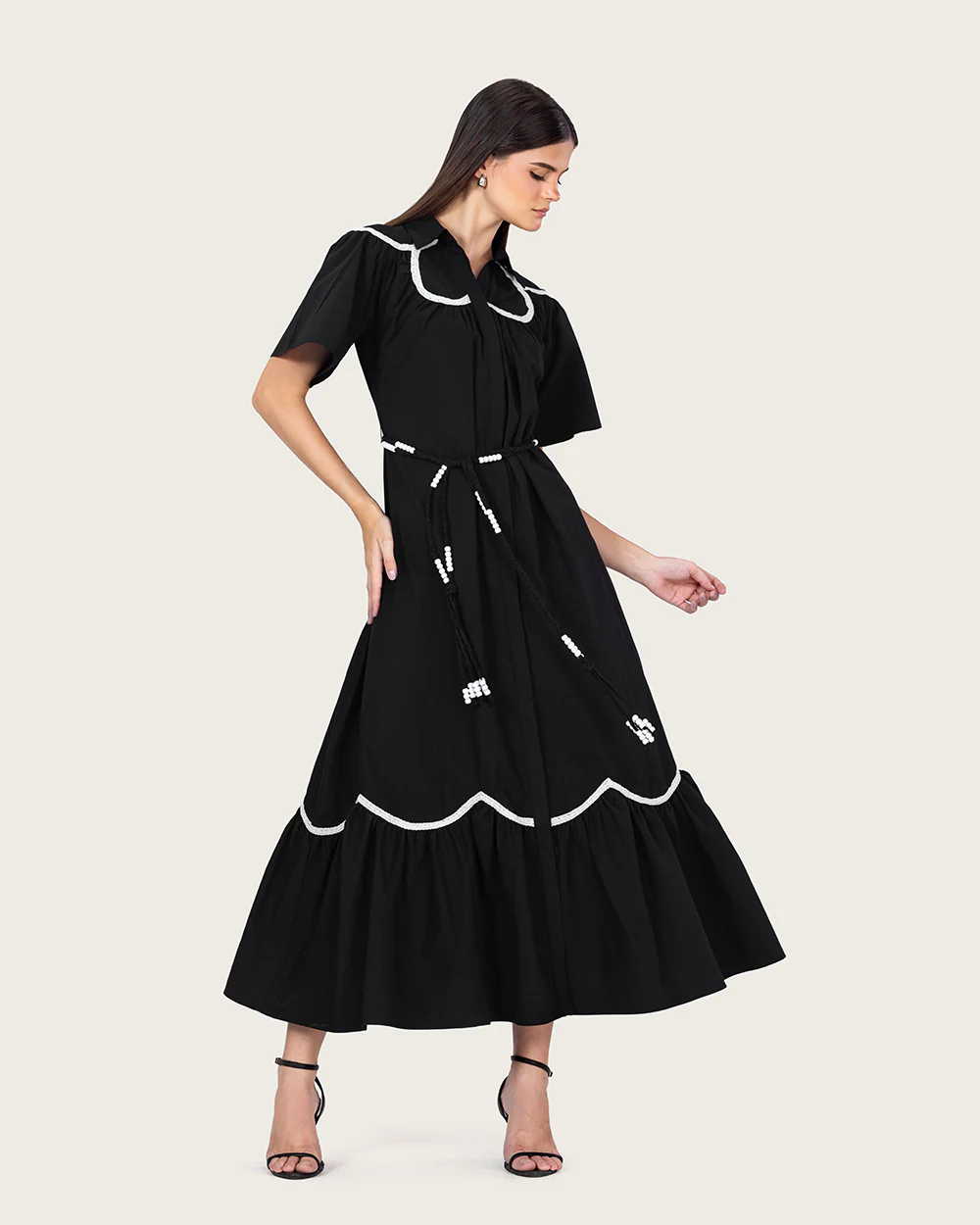 Black Poplin Maxi Dress with Lace Inserts and Beaded Waist Belt - Image 5