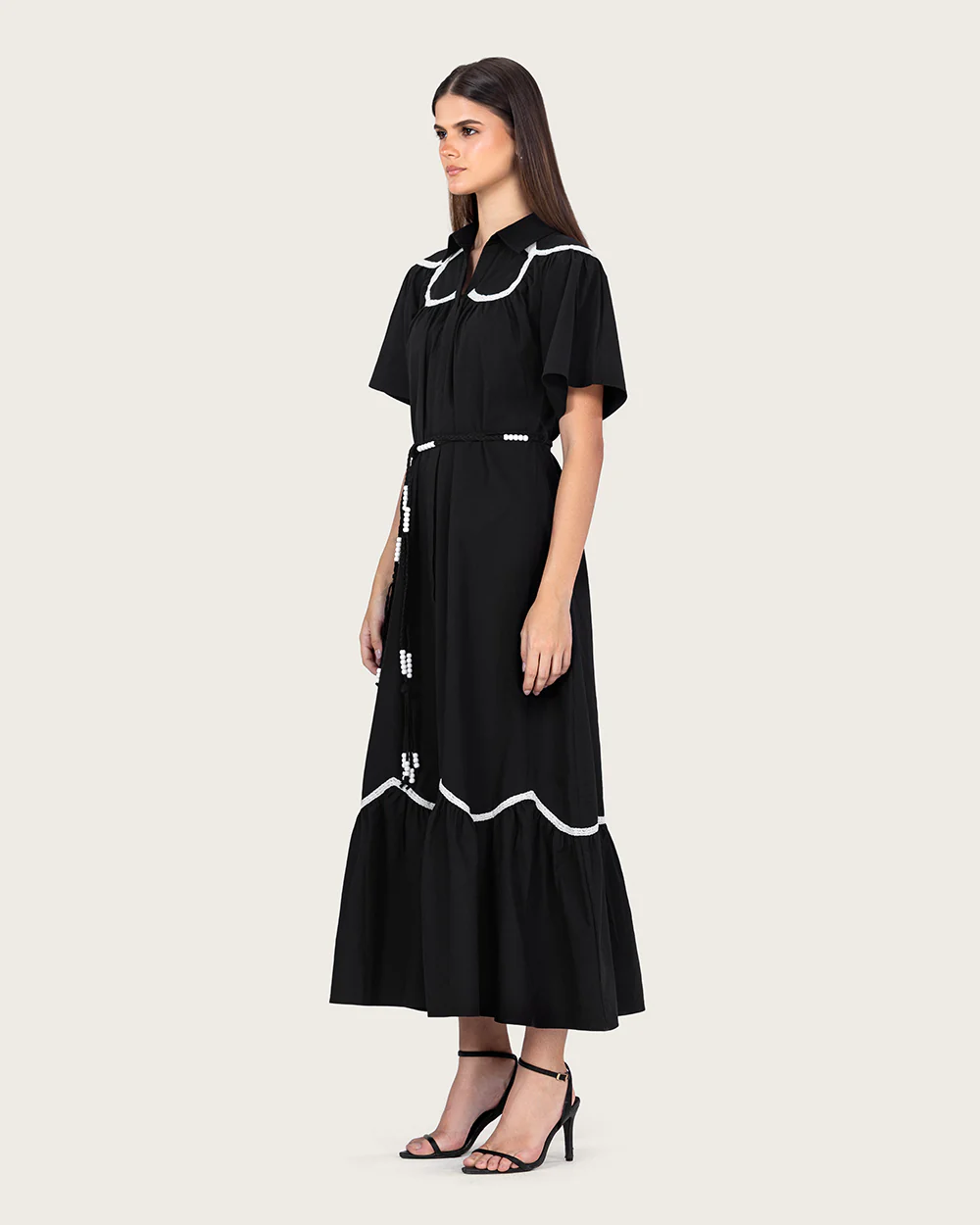 Black Poplin Maxi Dress with Lace Inserts and Beaded Waist Belt - Image 6