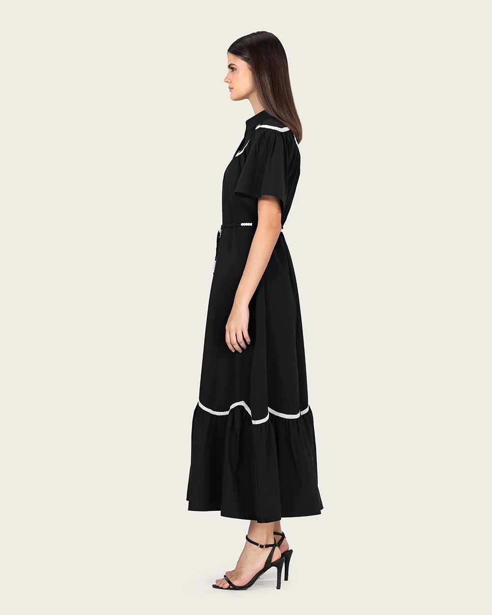 Black Poplin Maxi Dress with Lace Inserts and Beaded Waist Belt - Image 7