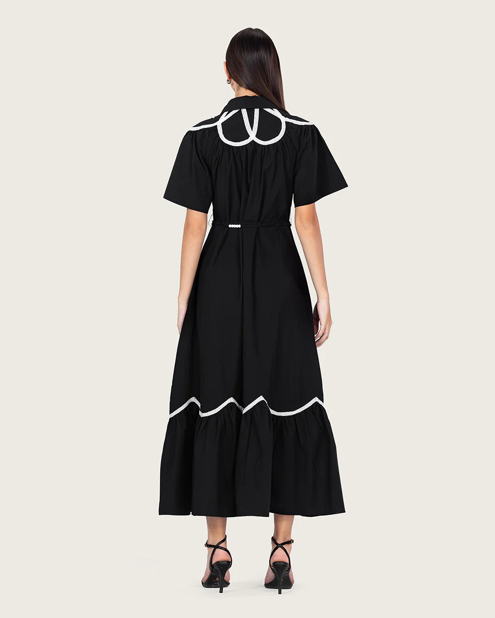 Black Poplin Maxi Dress with Lace Inserts and Beaded Waist Belt - Image 8