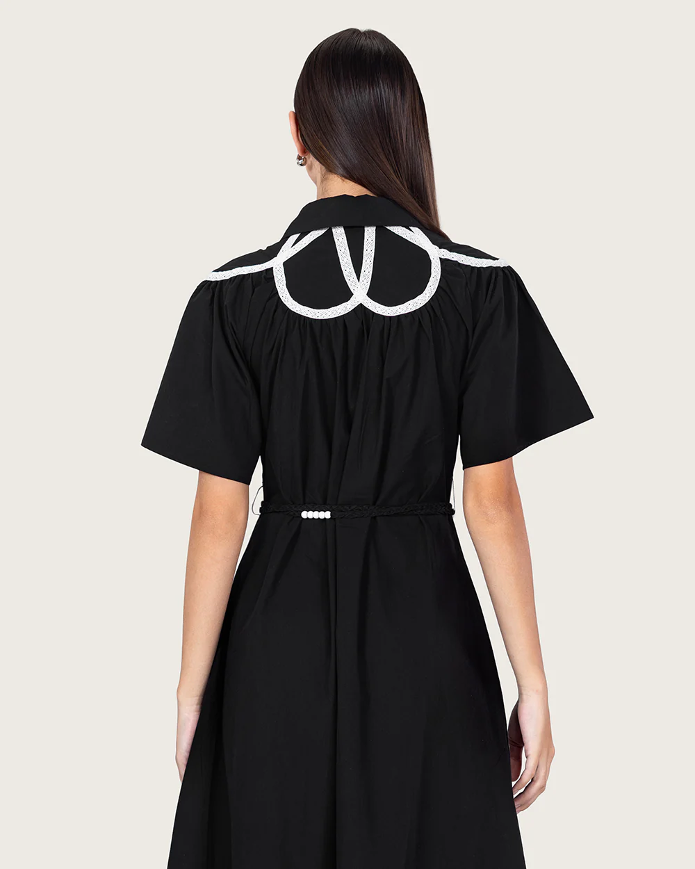 Black Poplin Maxi Dress with Lace Inserts and Beaded Waist Belt - Image 9