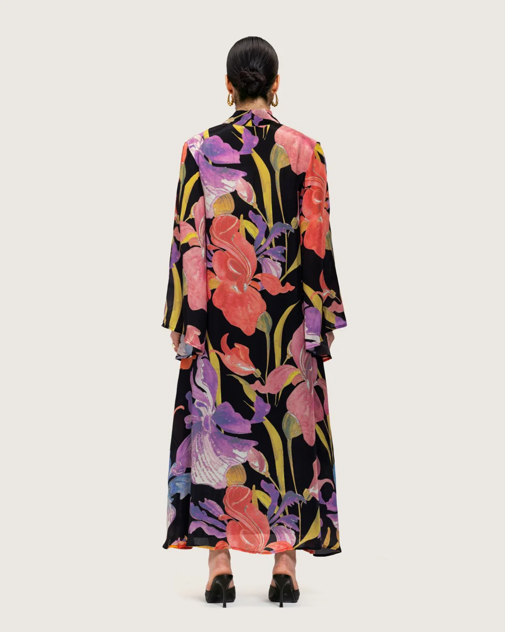 Black Printed Maxi A-line Kaftan with Tie Neck - Image 10