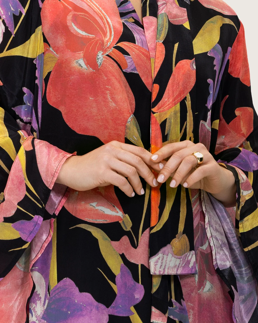 Black Printed Maxi A-line Kaftan with Tie Neck - Image 3