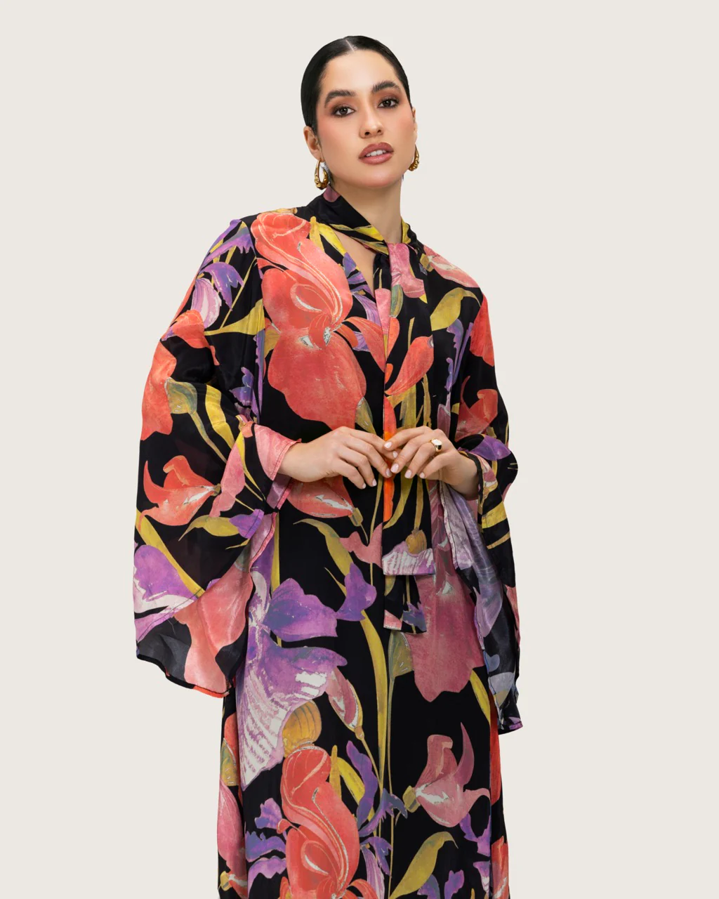 Black Printed Maxi A-line Kaftan with Tie Neck - Image 4