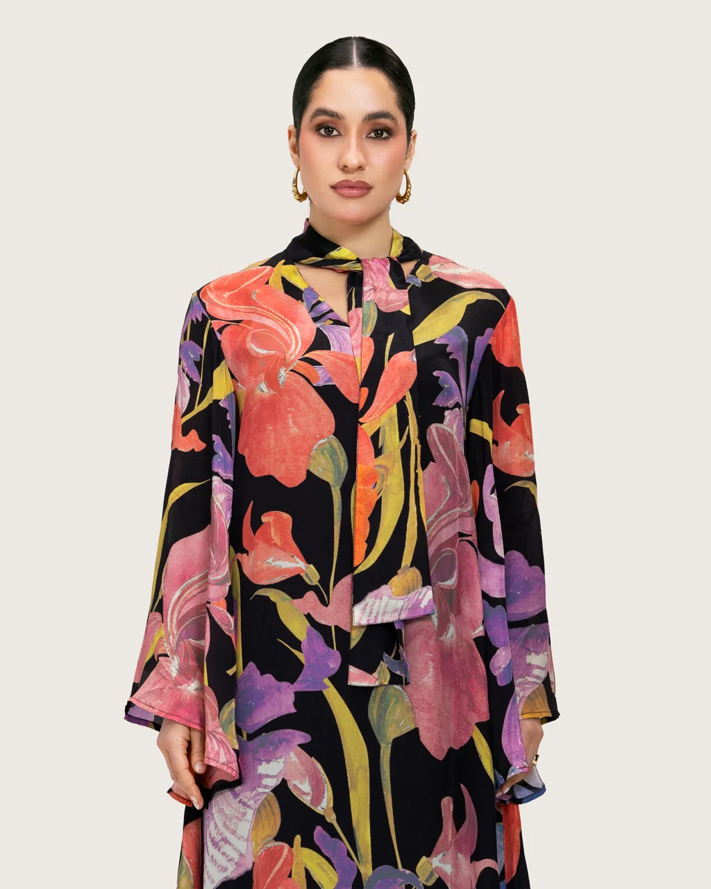 Black Printed Maxi A-line Kaftan with Tie Neck - Image 5