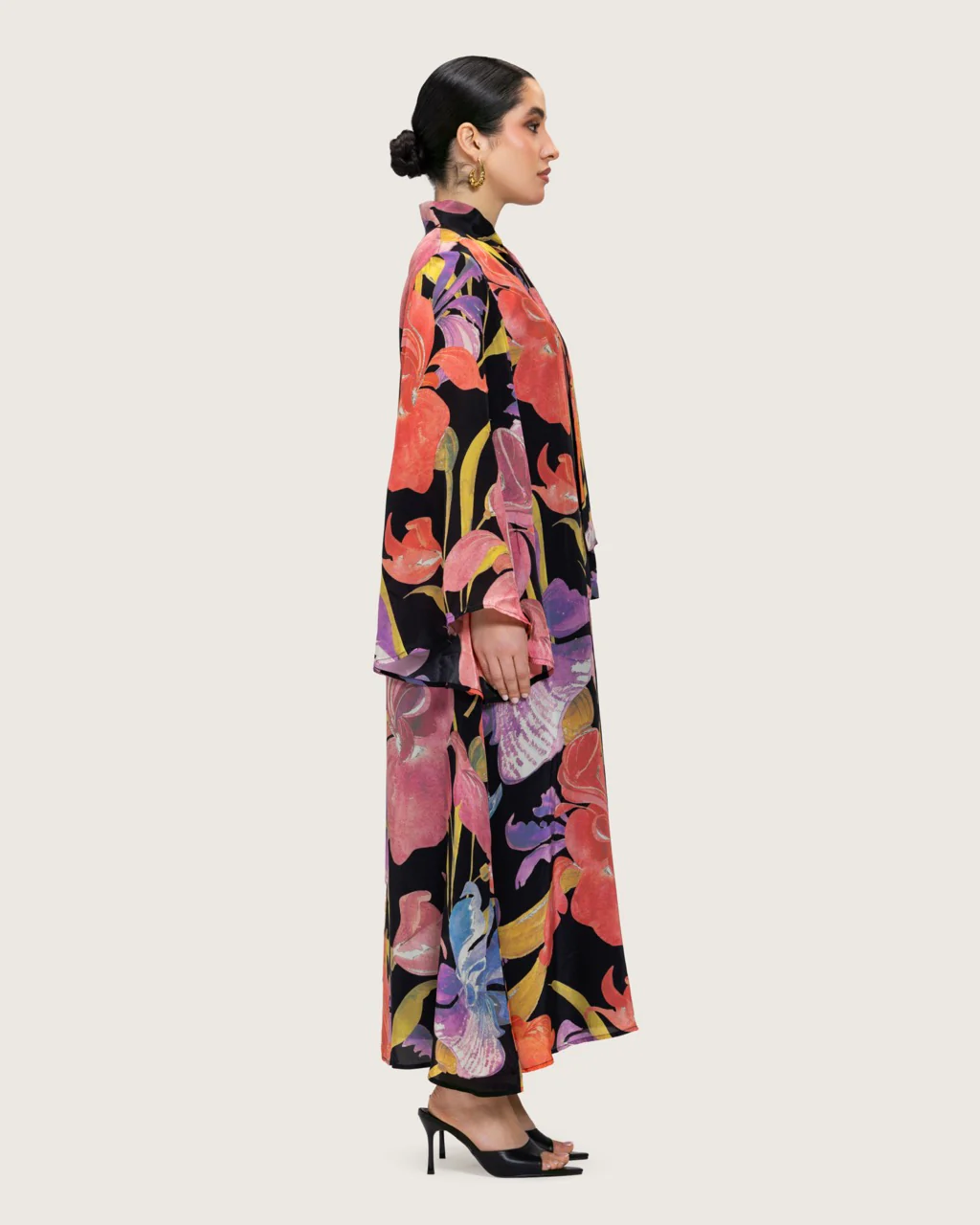 Black Printed Maxi A-line Kaftan with Tie Neck - Image 6