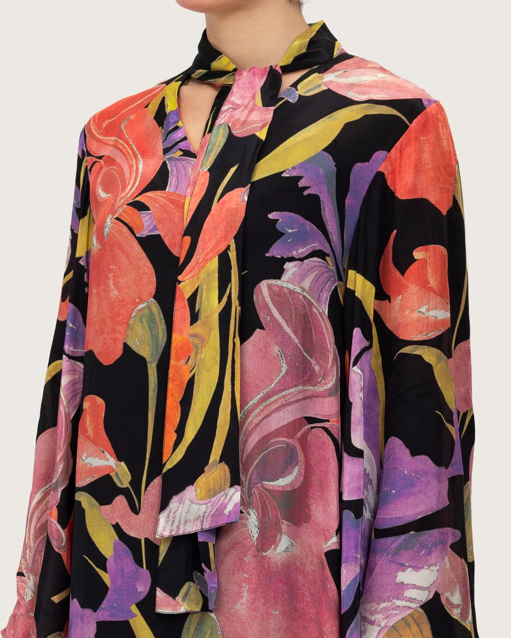 Black Printed Maxi A-line Kaftan with Tie Neck - Image 7