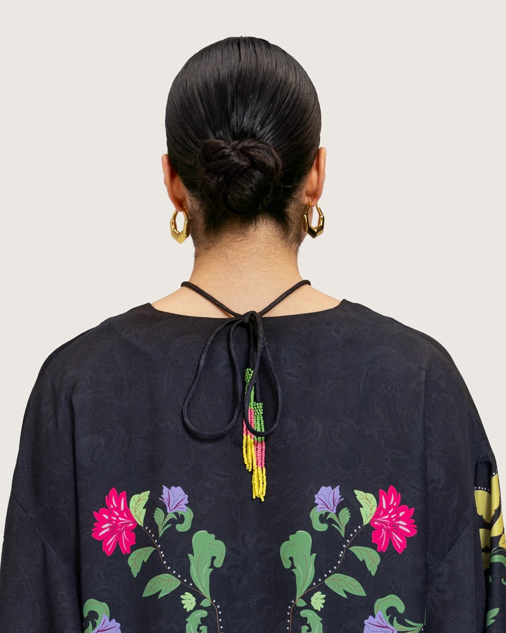Black Printed Maxi Kaftan Dress with Beaded Tassel - Image 10