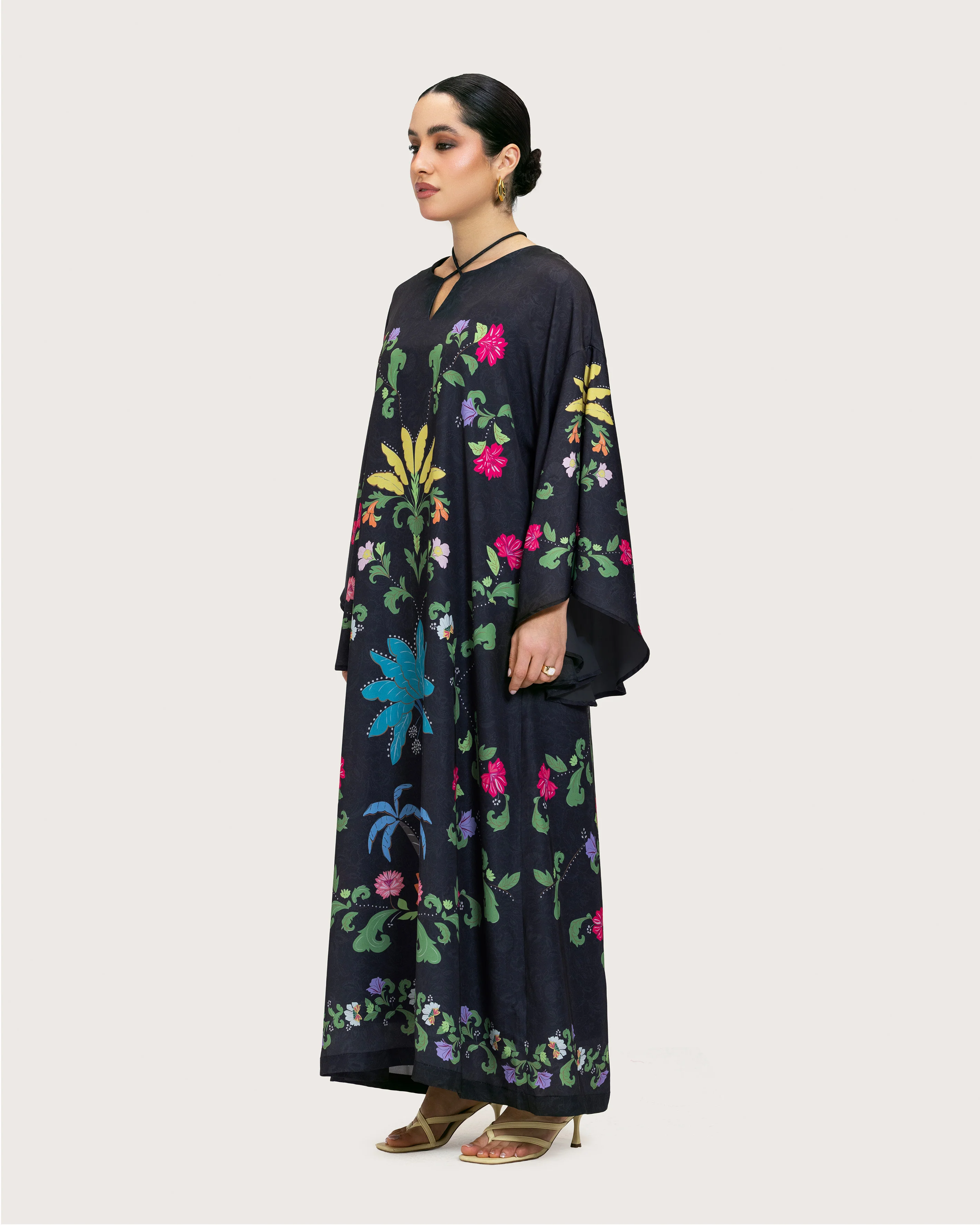 Black Printed Maxi Kaftan Dress with Beaded Tassel - Image 3