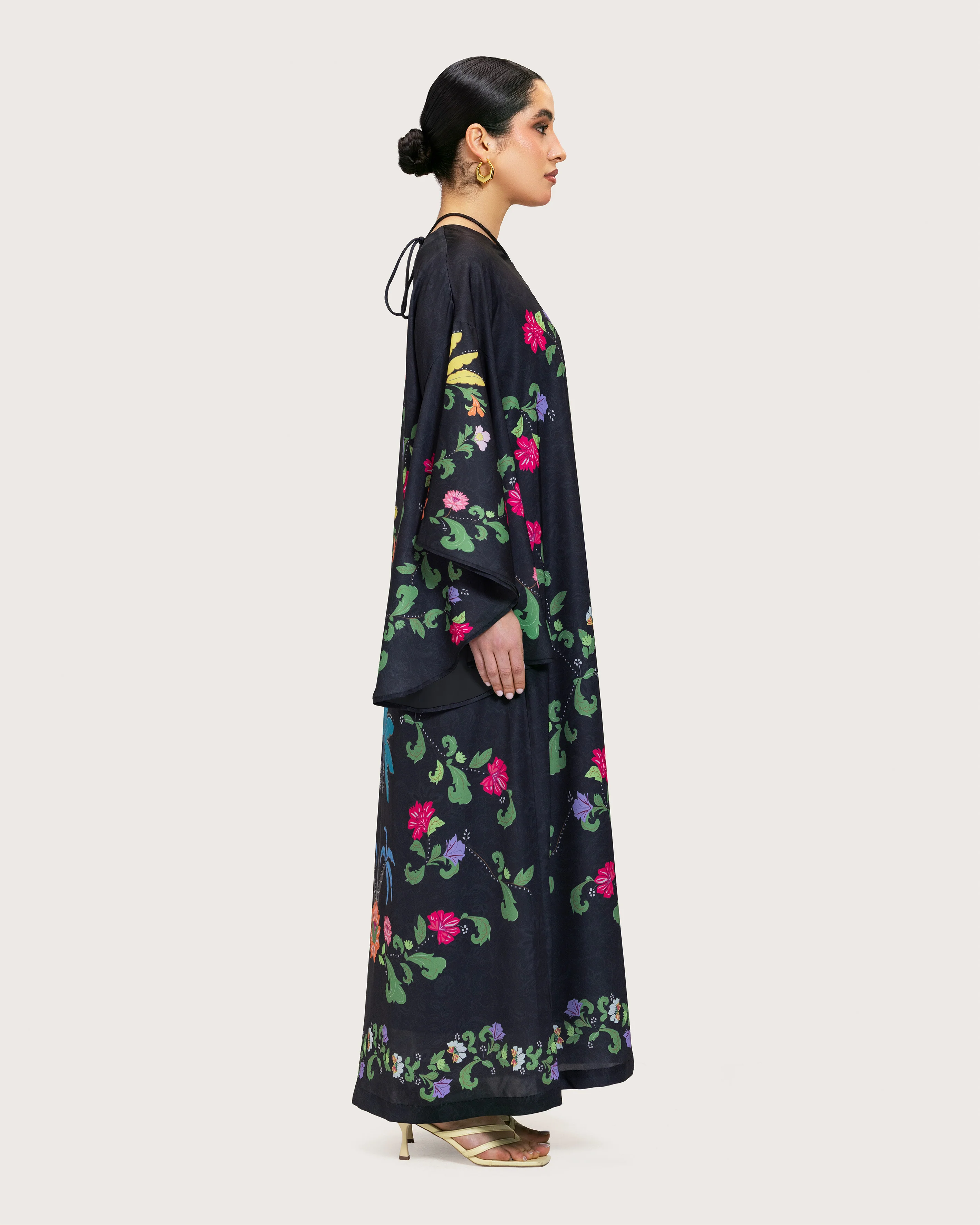 Black Printed Maxi Kaftan Dress with Beaded Tassel - Image 4