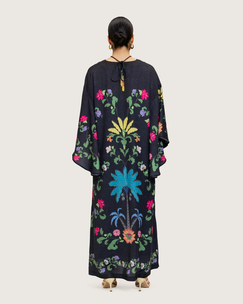 Black Printed Maxi Kaftan Dress with Beaded Tassel - Image 5
