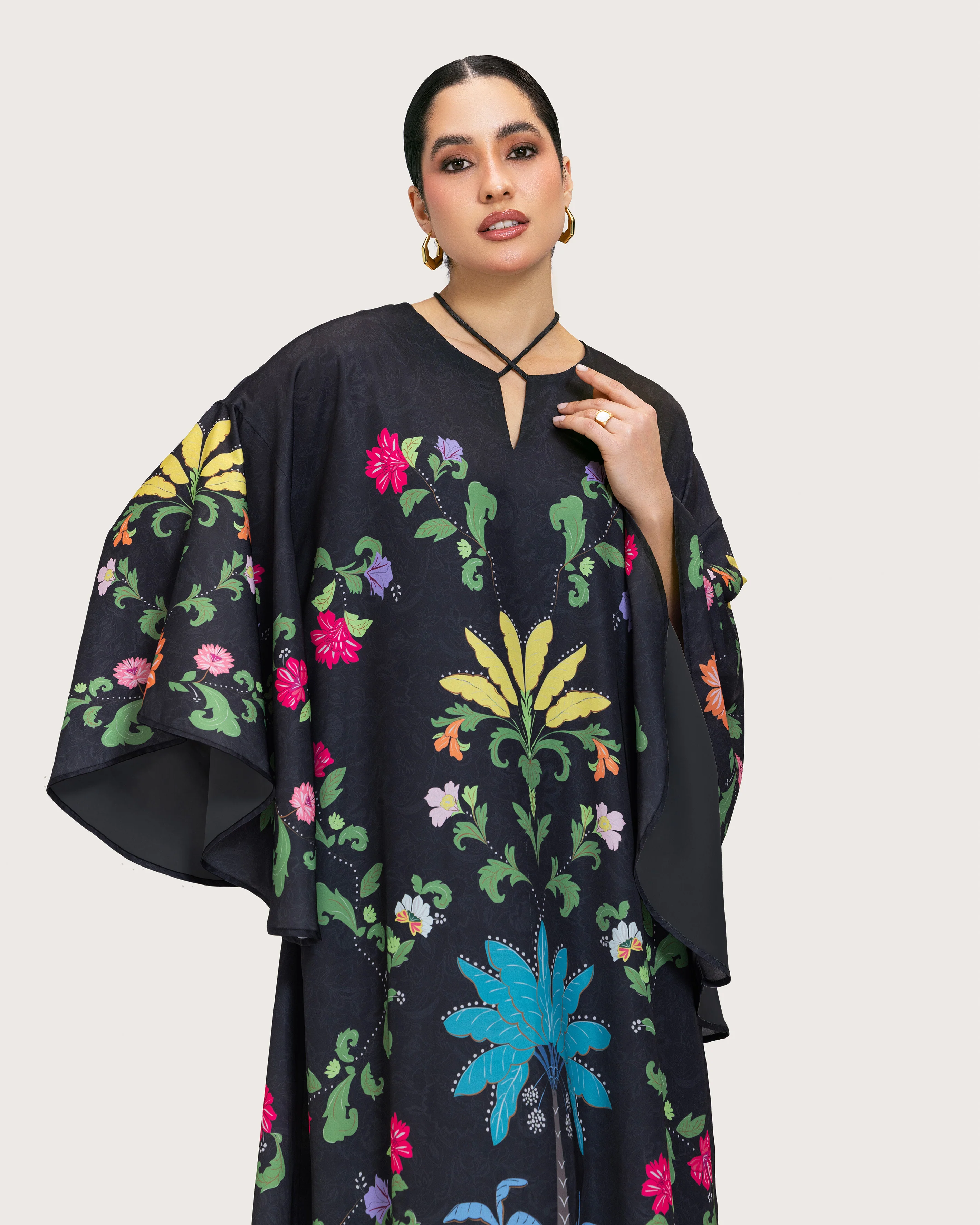 Black Printed Maxi Kaftan Dress with Beaded Tassel - Image 6