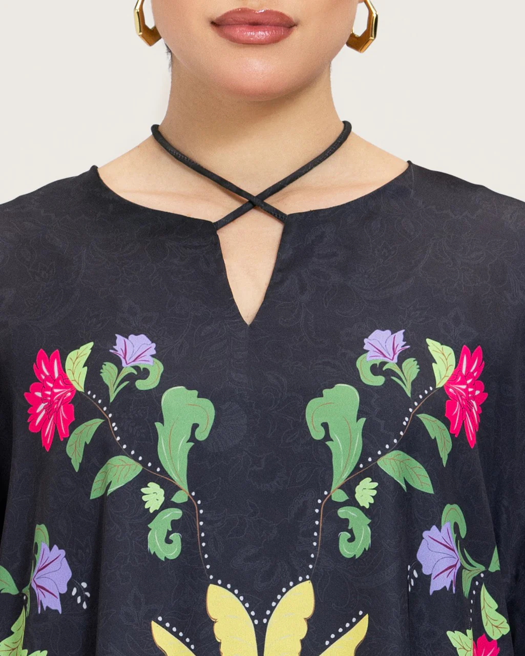 Black Printed Maxi Kaftan Dress with Beaded Tassel - Image 7