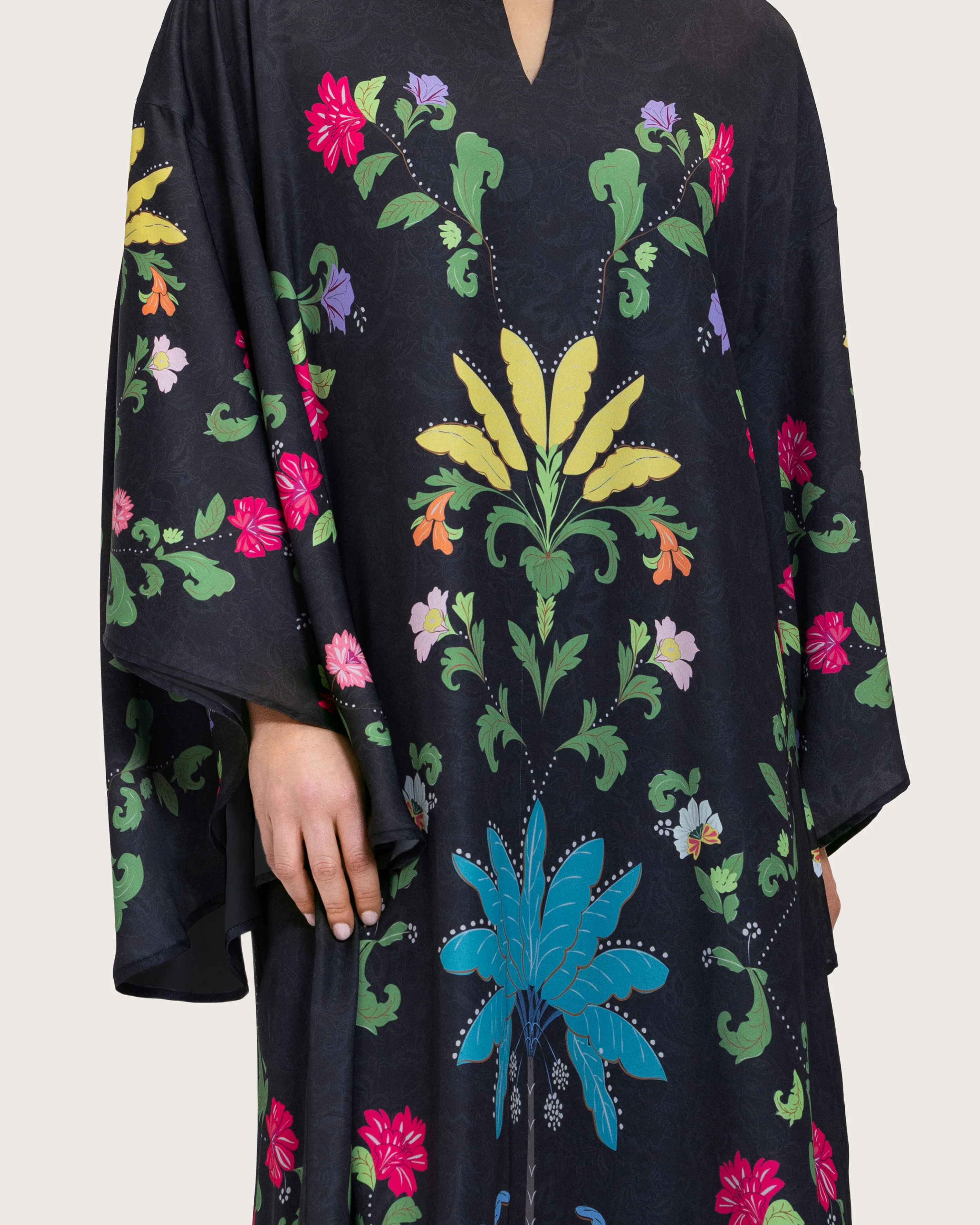 Black Printed Maxi Kaftan Dress with Beaded Tassel - Image 9