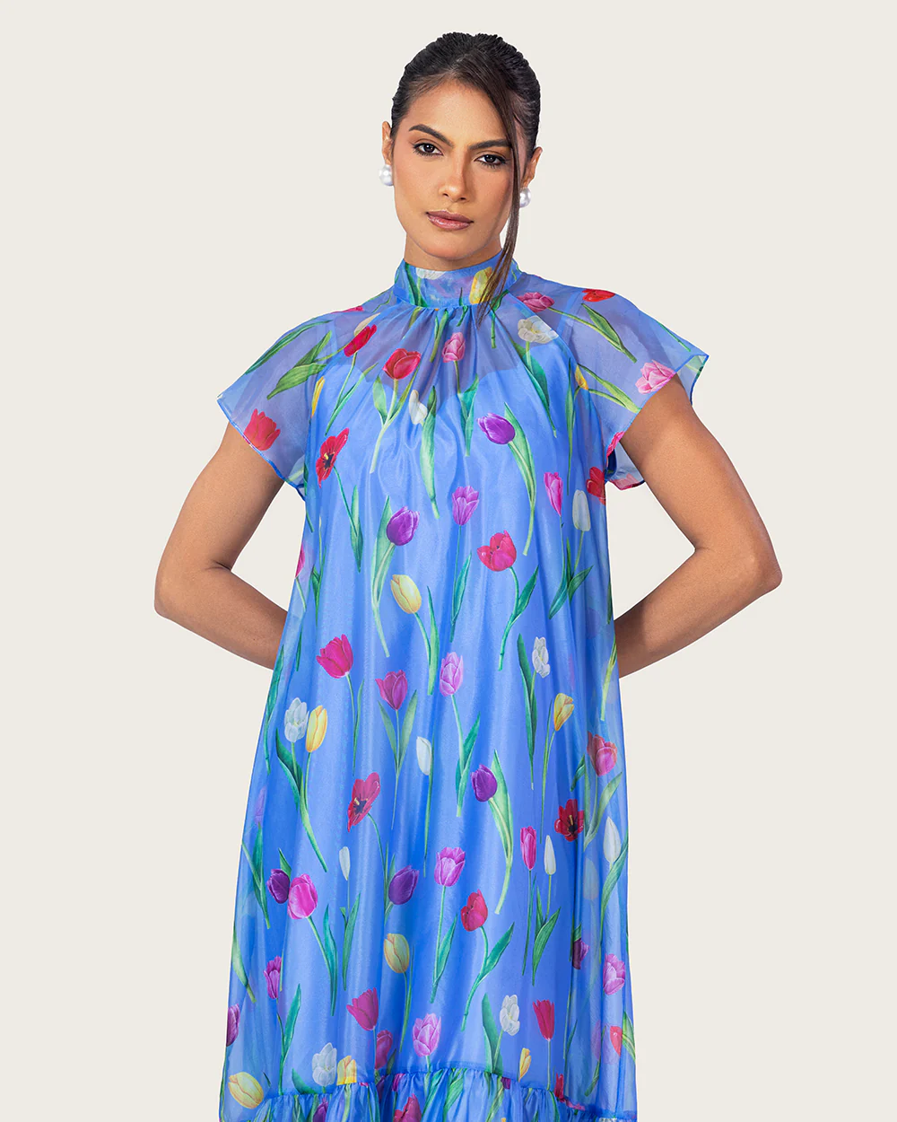 Blue Floral Organza Maxi Dress with Back Tie - Image 10
