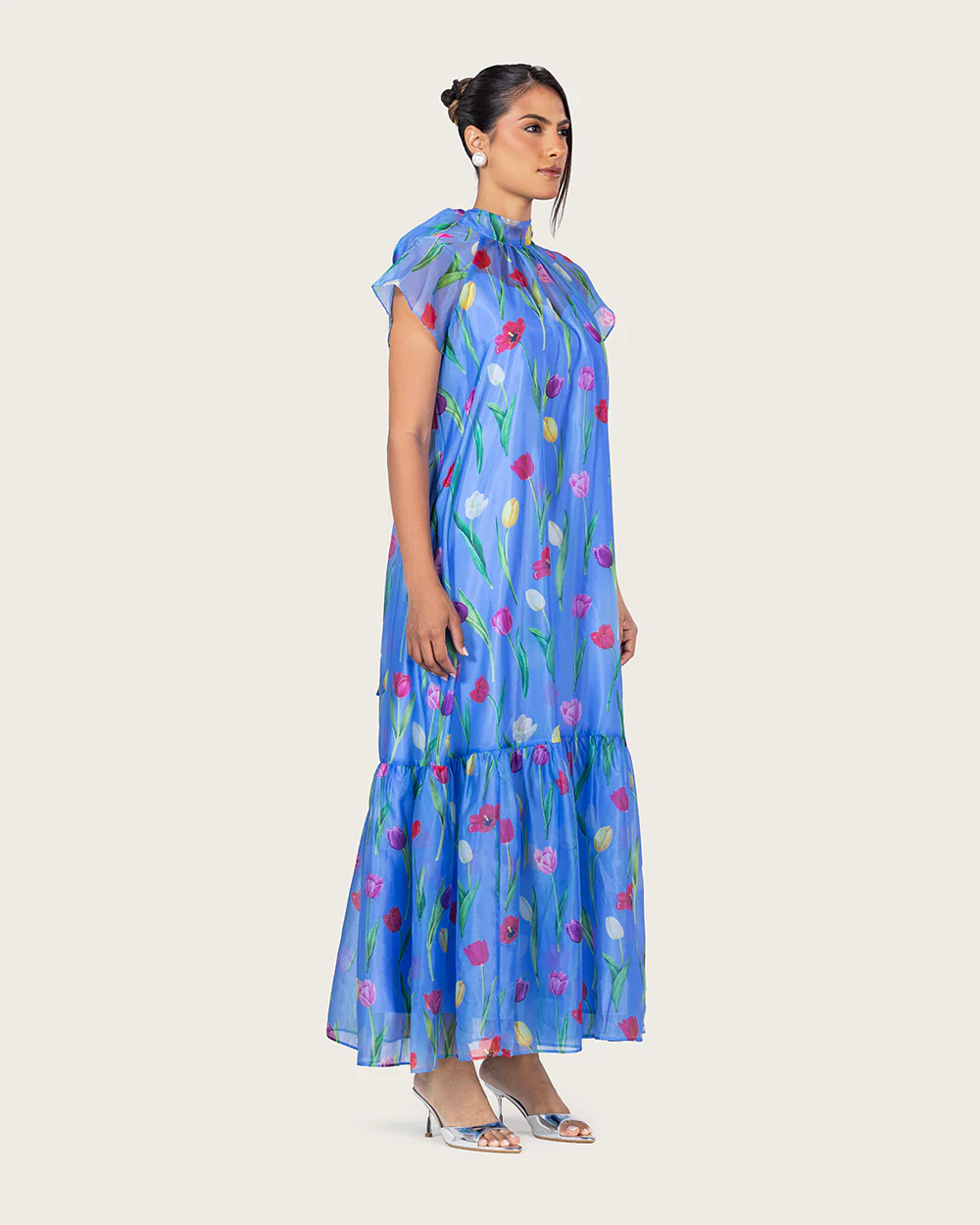 Blue Floral Organza Maxi Dress with Back Tie - Image 11