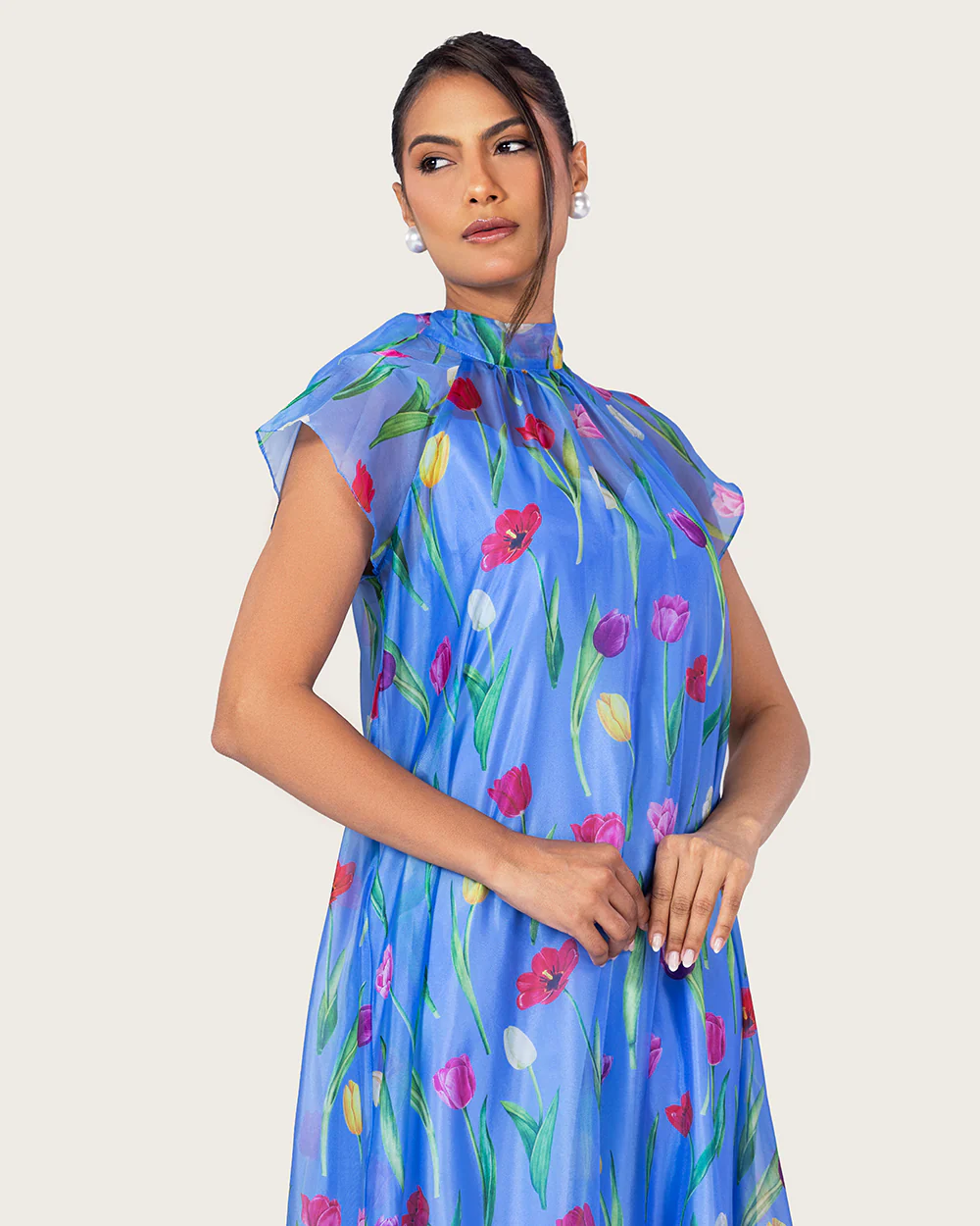 Blue Floral Organza Maxi Dress with Back Tie - Image 2