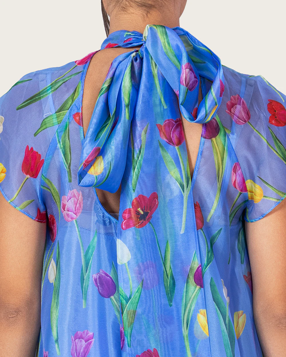 Blue Floral Organza Maxi Dress with Back Tie - Image 3