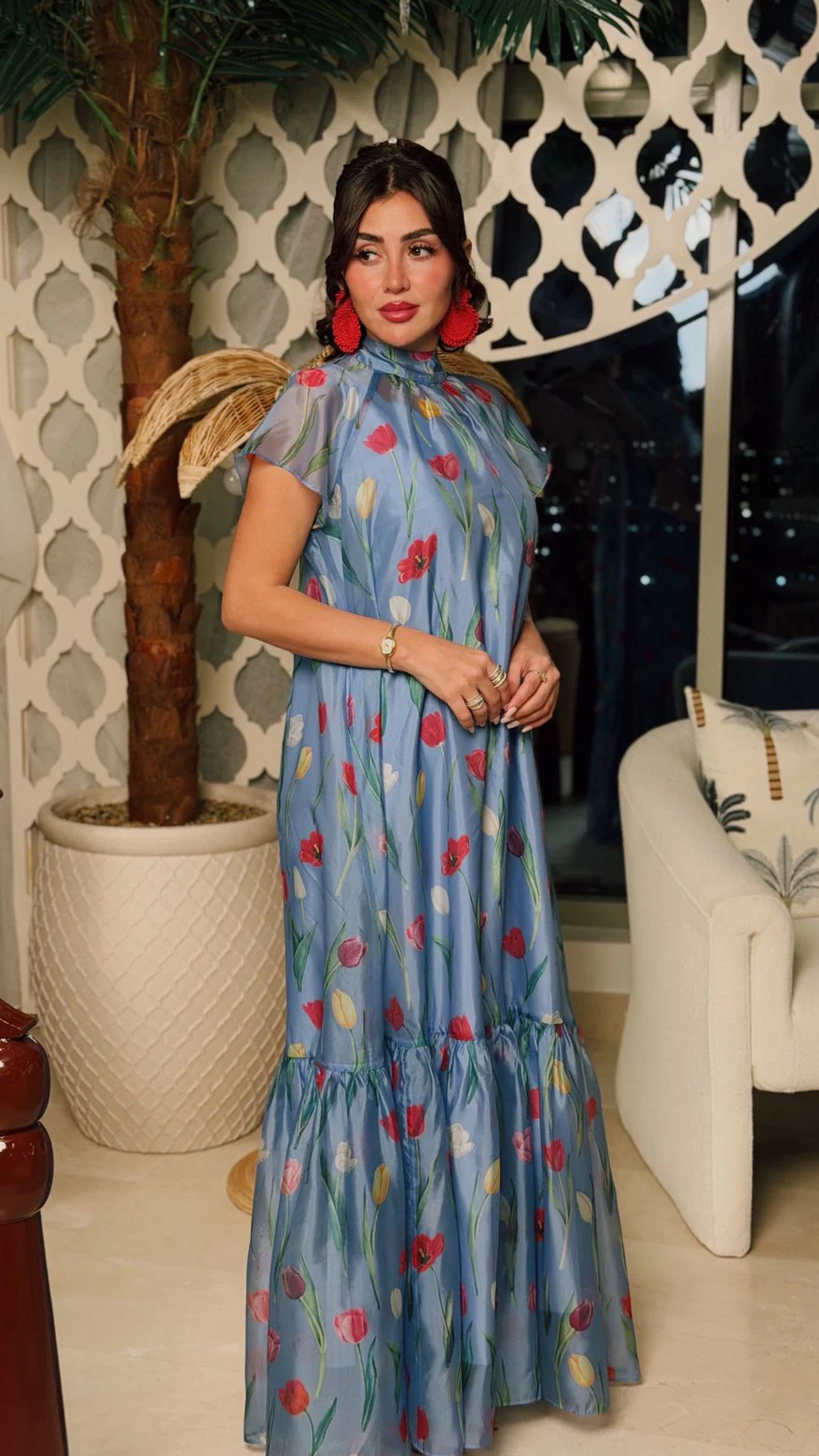 Blue Floral Organza Maxi Dress with Back Tie - Image 4