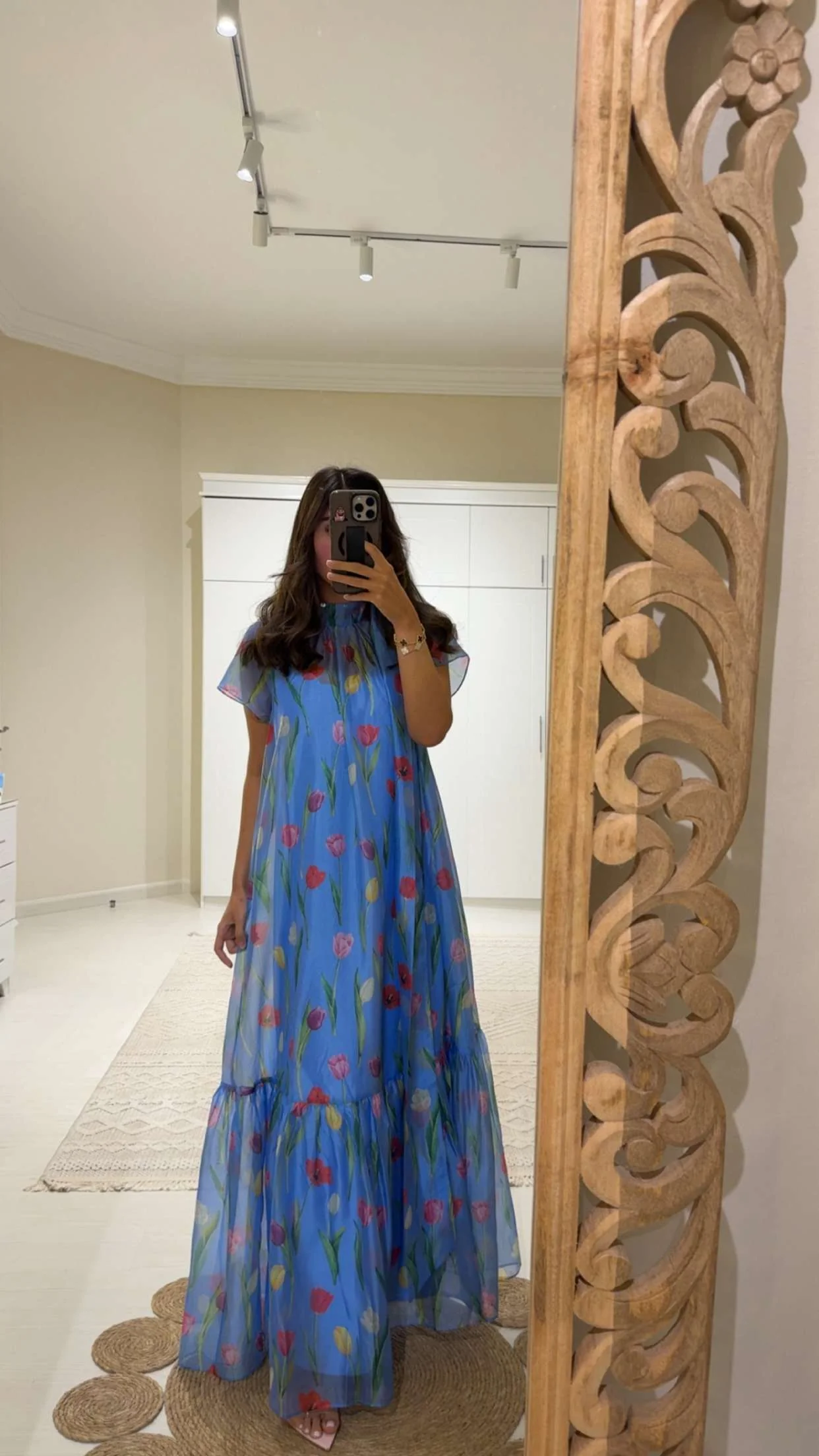 Blue Floral Organza Maxi Dress with Back Tie - Image 5