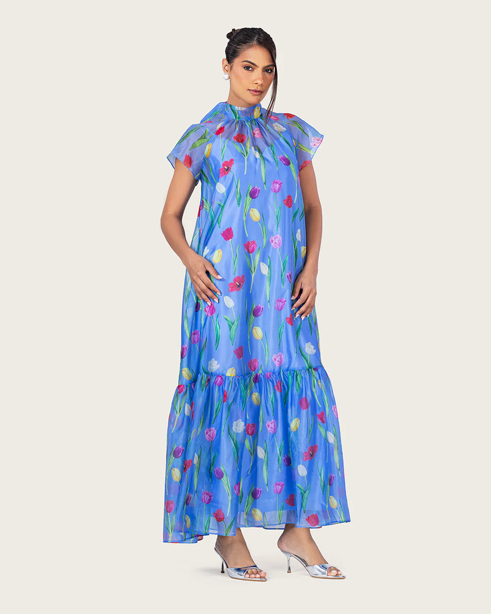 Blue Floral Organza Maxi Dress with Back Tie - Image 6