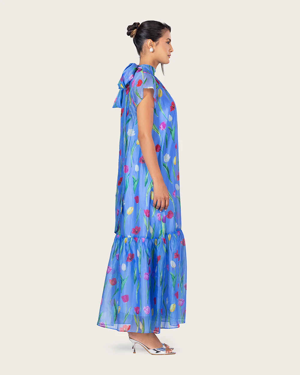 Blue Floral Organza Maxi Dress with Back Tie - Image 7