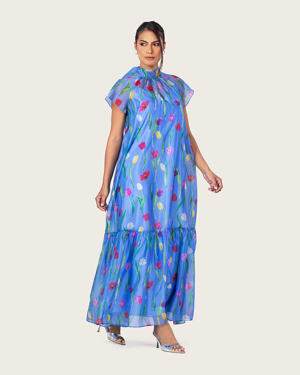 Blue Floral Organza Maxi Dress with Back Tie - Image 8