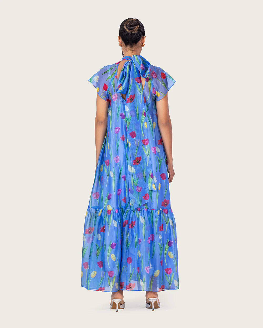Blue Floral Organza Maxi Dress with Back Tie - Image 9