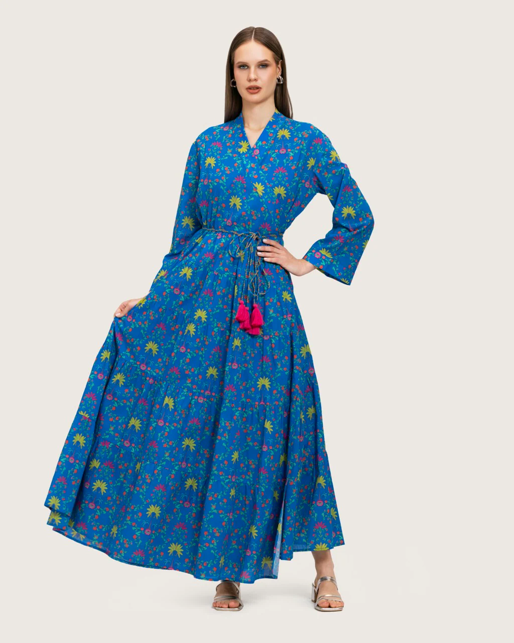 Blue Printed Maxi Wrap Dress with Belt & Tassel Details - Image 10