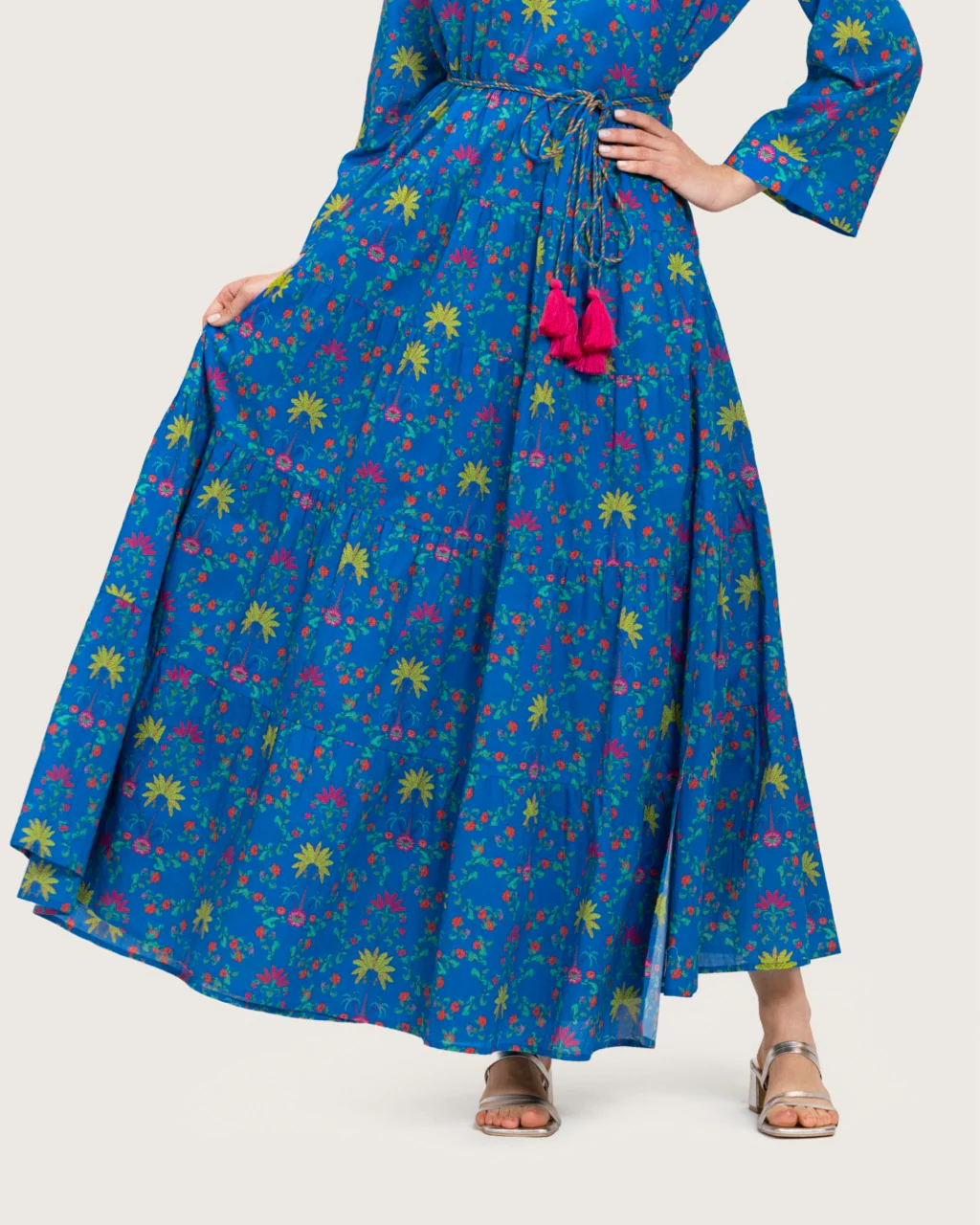Blue Printed Maxi Wrap Dress with Belt & Tassel Details - Image 11