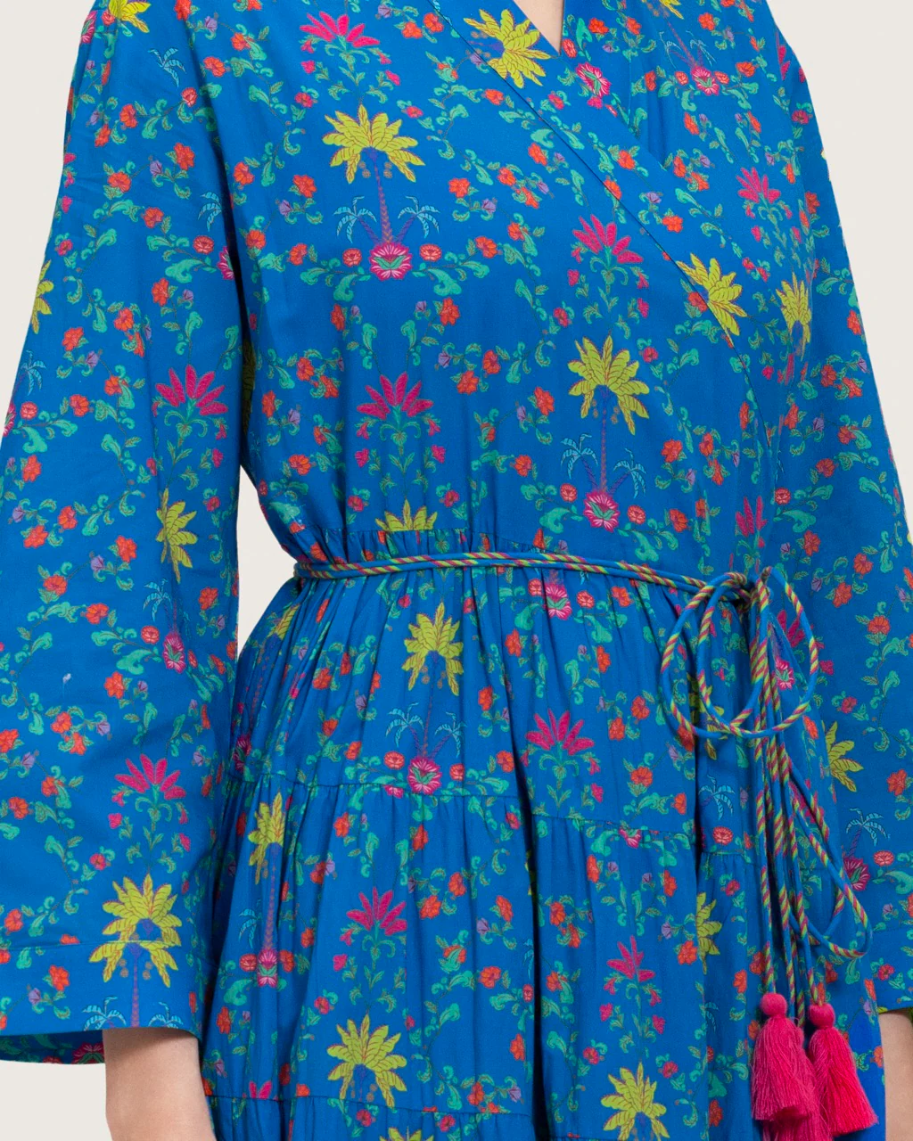 Blue Printed Maxi Wrap Dress with Belt & Tassel Details - Image 3