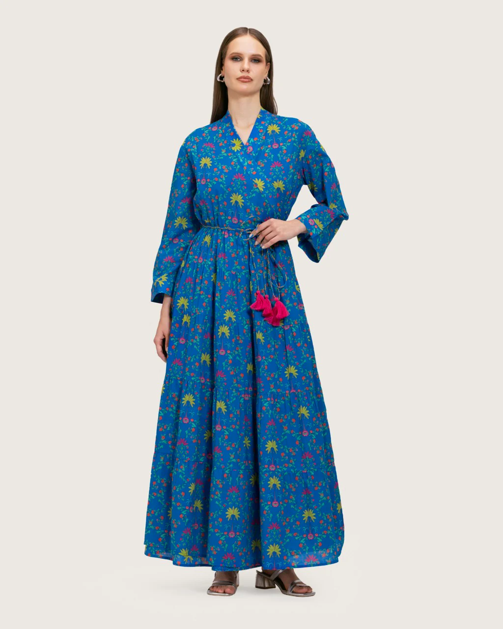 Blue Printed Maxi Wrap Dress with Belt & Tassel Details - Image 4