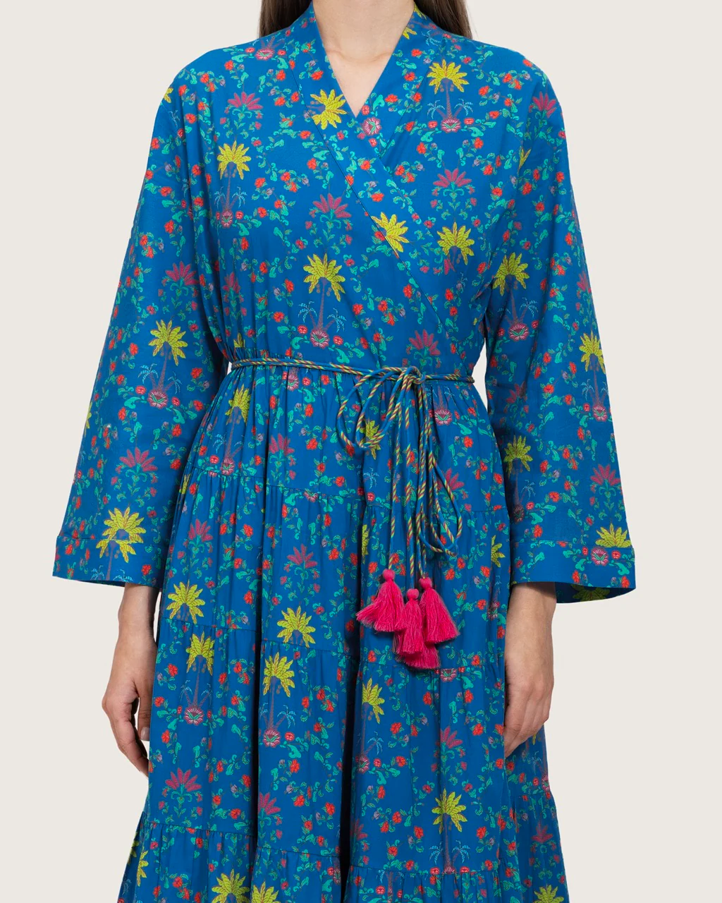 Blue Printed Maxi Wrap Dress with Belt & Tassel Details - Image 5