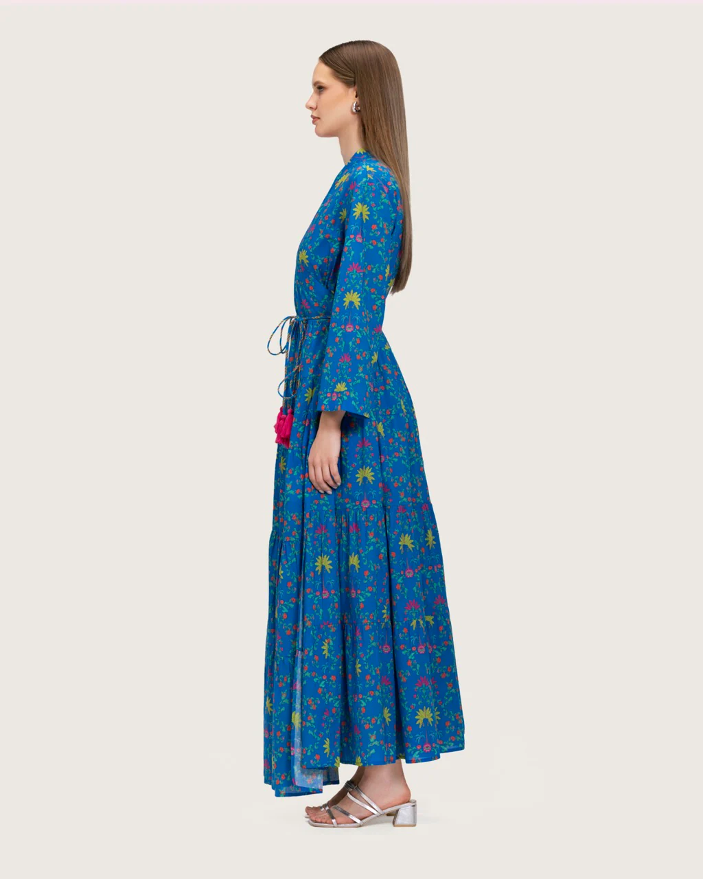 Blue Printed Maxi Wrap Dress with Belt & Tassel Details - Image 6