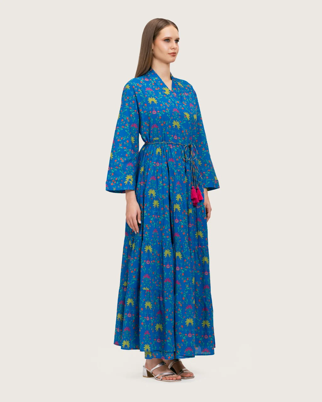 Blue Printed Maxi Wrap Dress with Belt & Tassel Details - Image 7