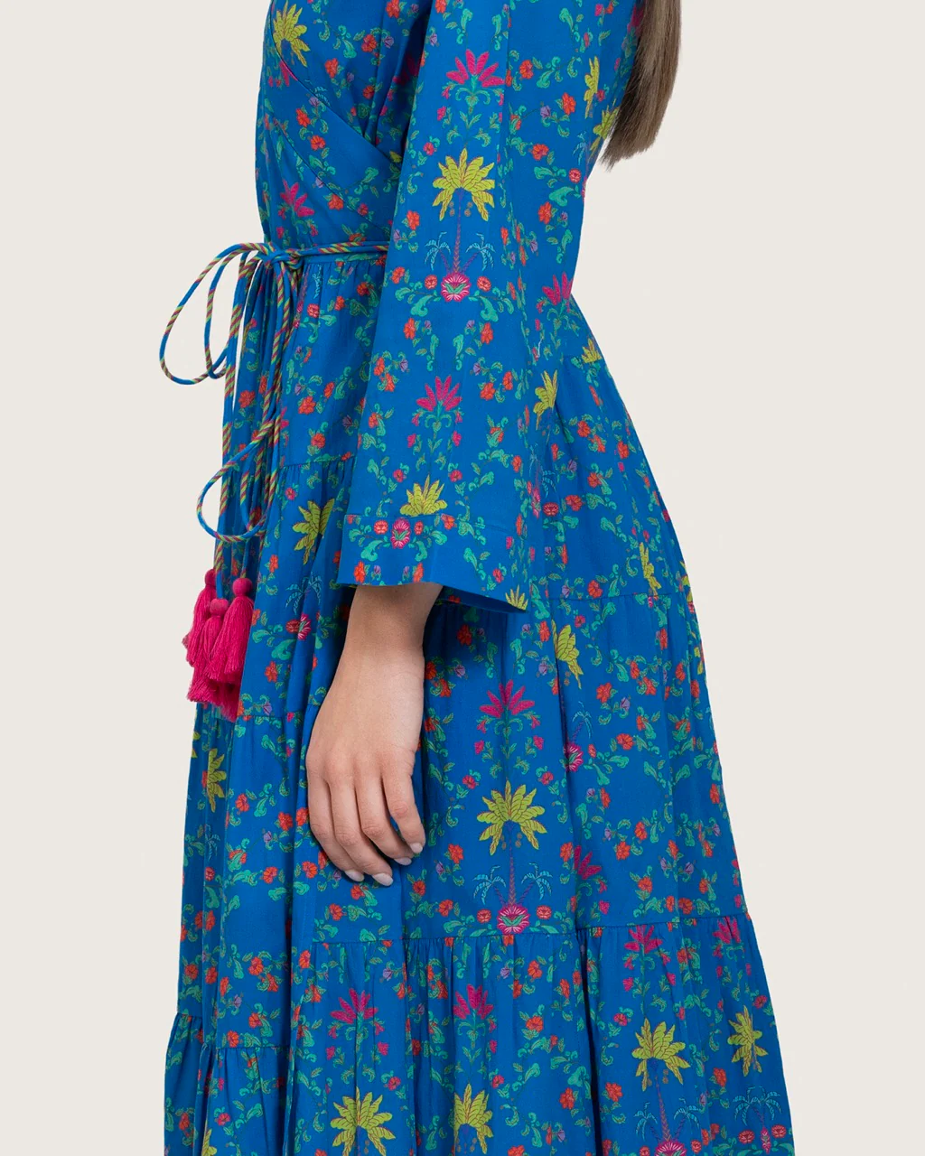 Blue Printed Maxi Wrap Dress with Belt & Tassel Details - Image 8