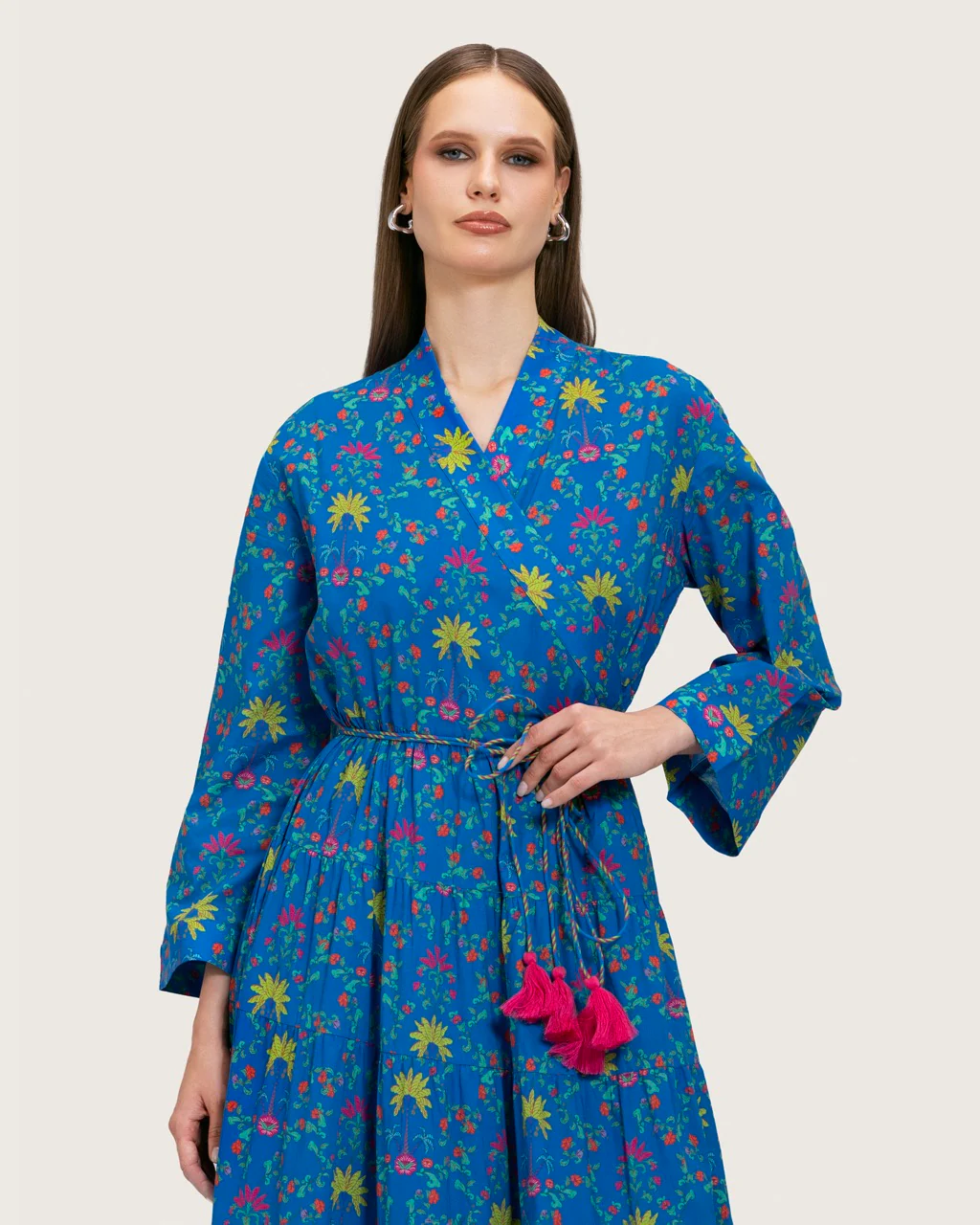 Blue Printed Maxi Wrap Dress with Belt & Tassel Details - Image 9