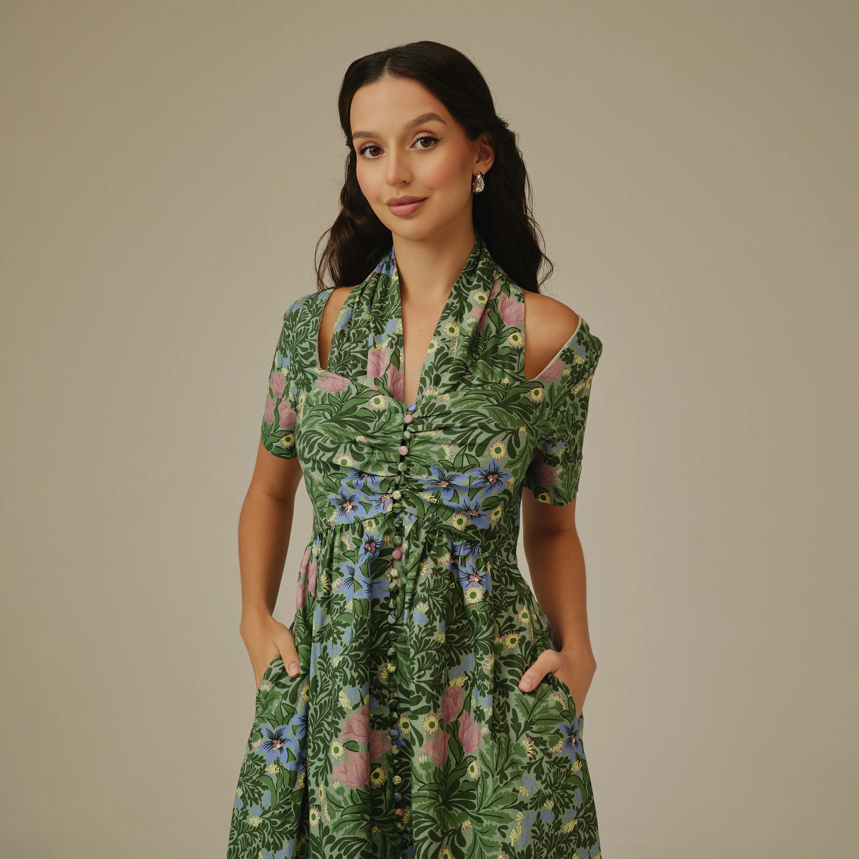 Green Botanical Linen Dress - Image 4