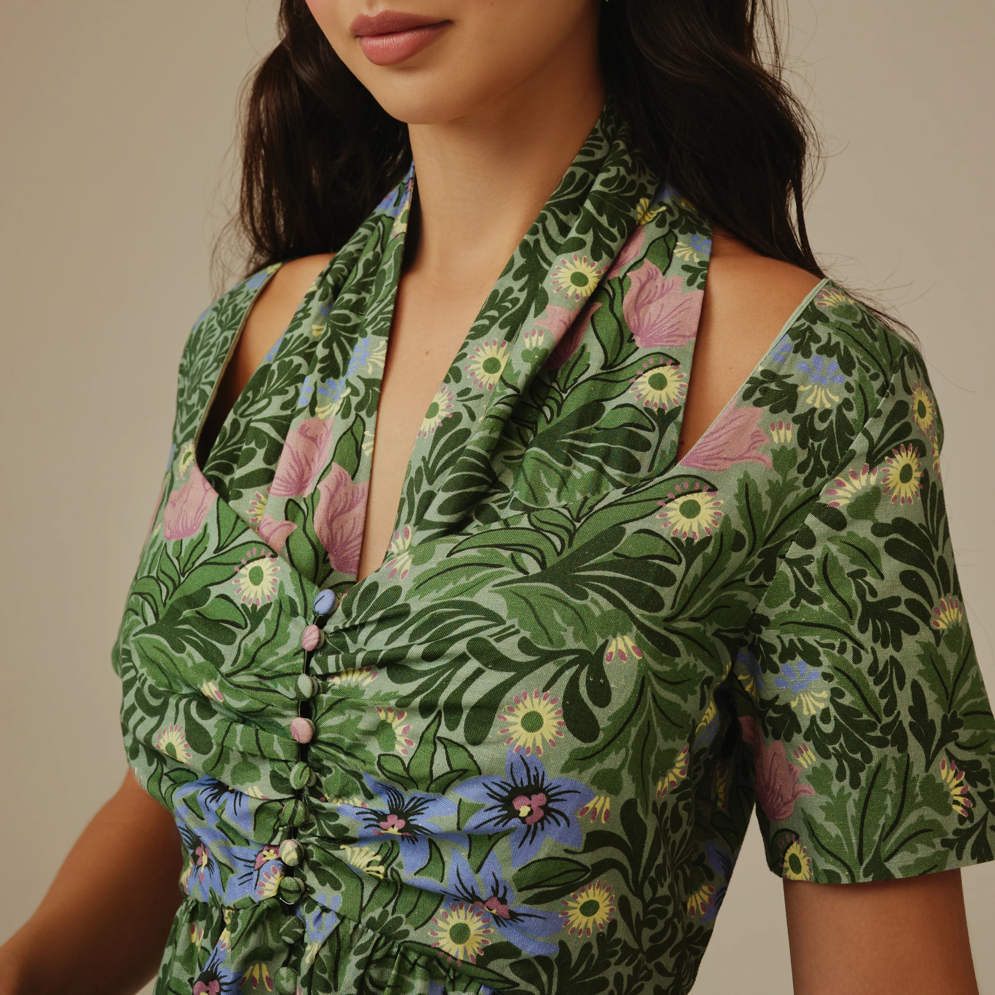 Green Botanical Linen Dress - Image 5