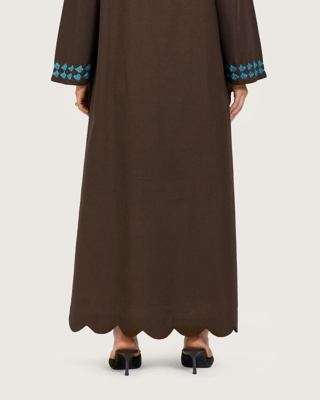 Brown Linen Kaftan with Hand Embellishments and Scalloped Edges - Image 10
