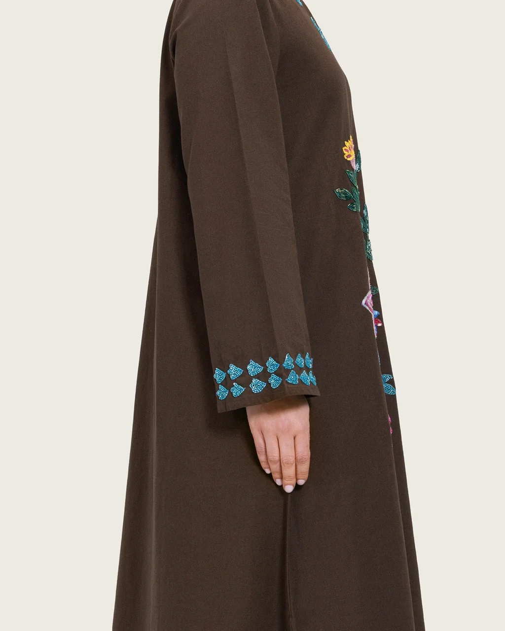 Brown Linen Kaftan with Hand Embellishments and Scalloped Edges - Image 12