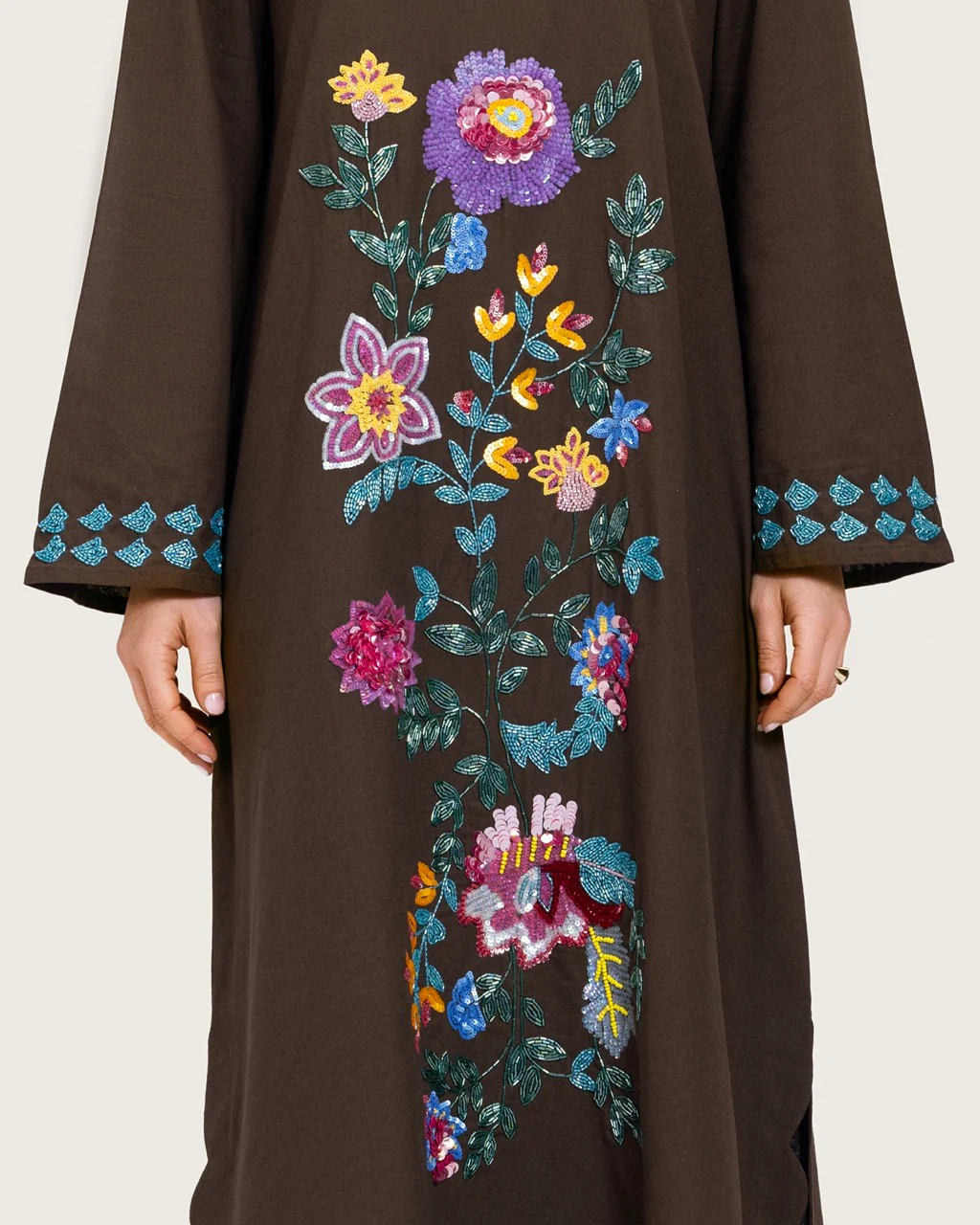 Brown Linen Kaftan with Hand Embellishments and Scalloped Edges - Image 6