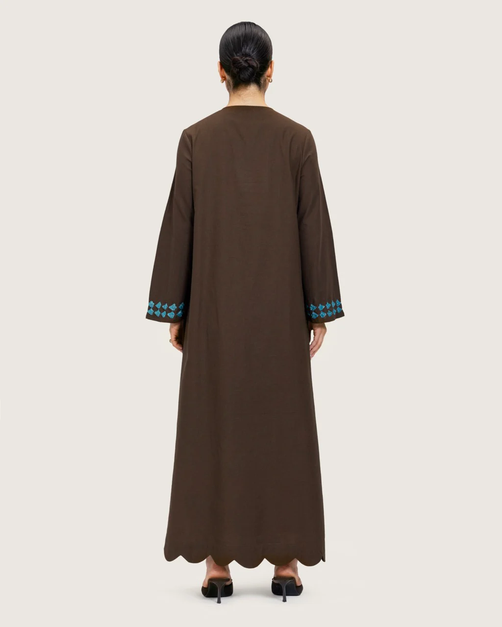 Brown Linen Kaftan with Hand Embellishments and Scalloped Edges - Image 9
