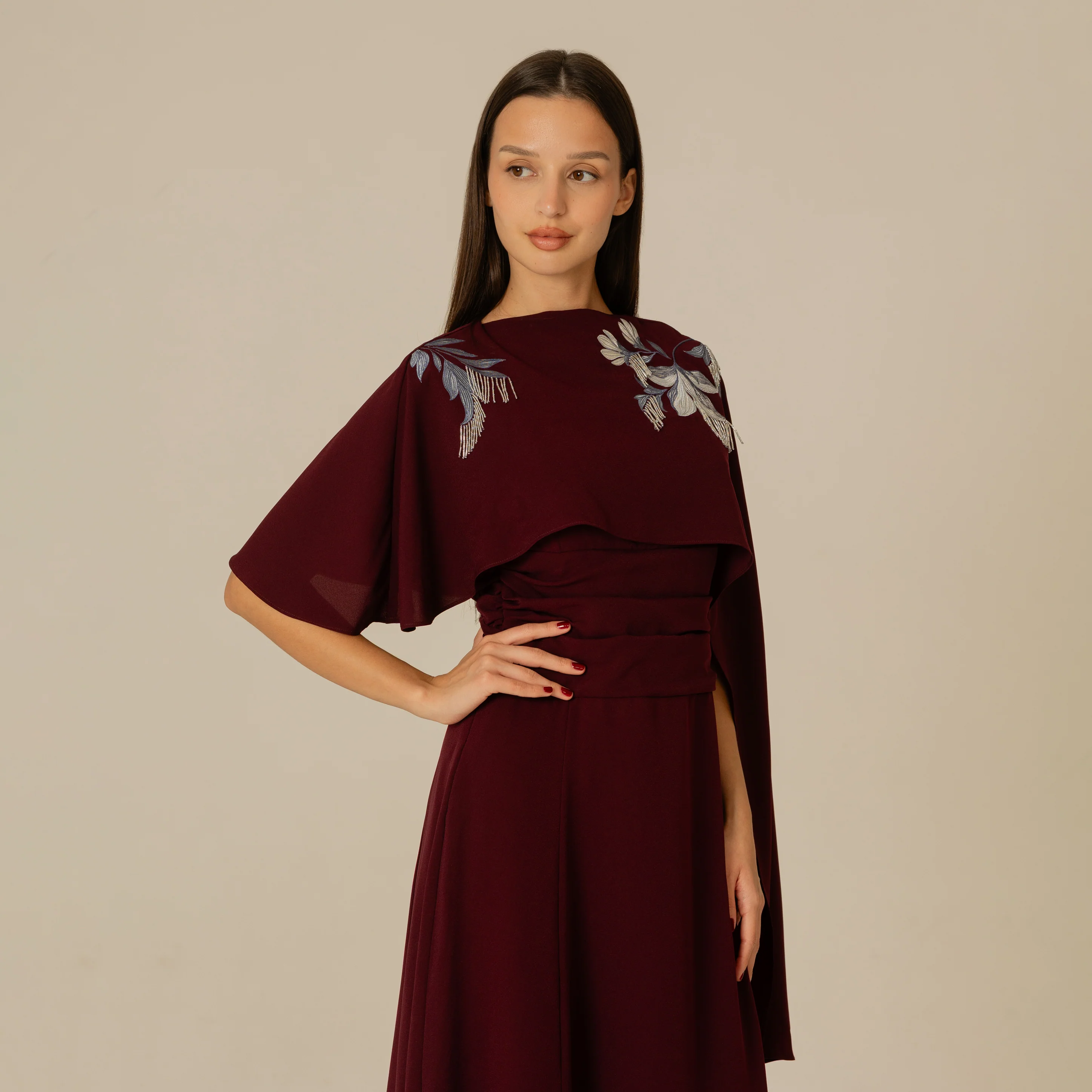 Burgundy Embellished Crepe Cape Dress - Image 10
