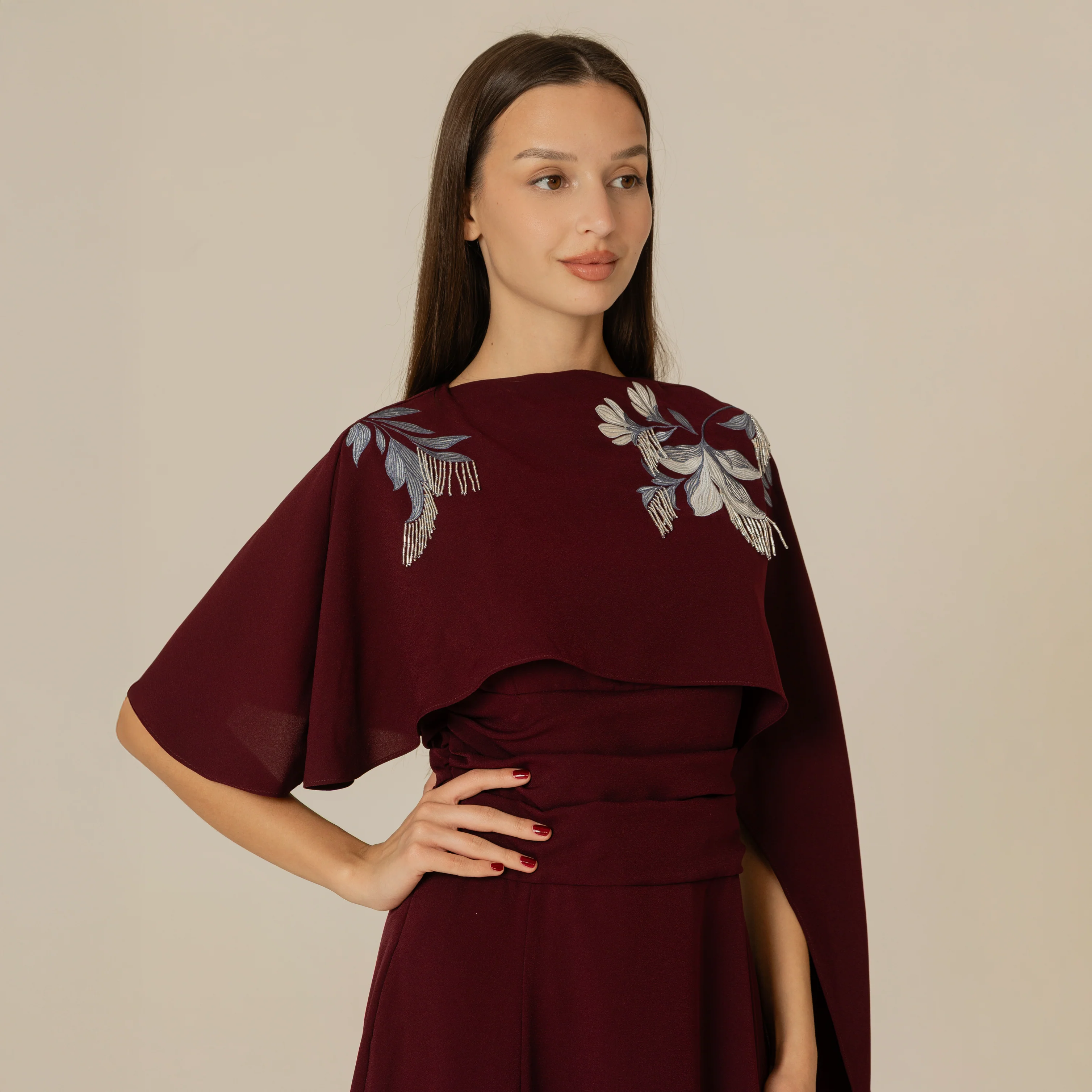 Burgundy Embellished Crepe Cape Dress - Image 11