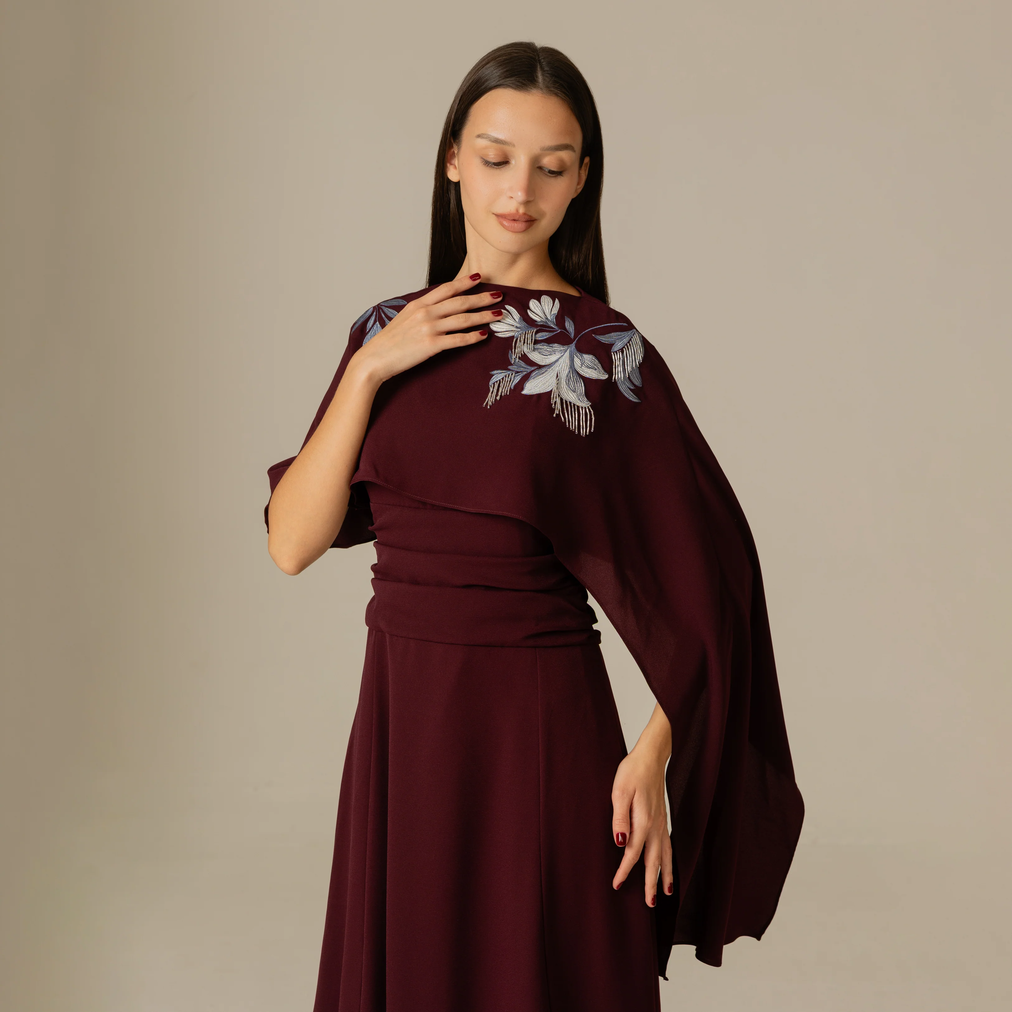 Burgundy Embellished Crepe Cape Dress - Image 12