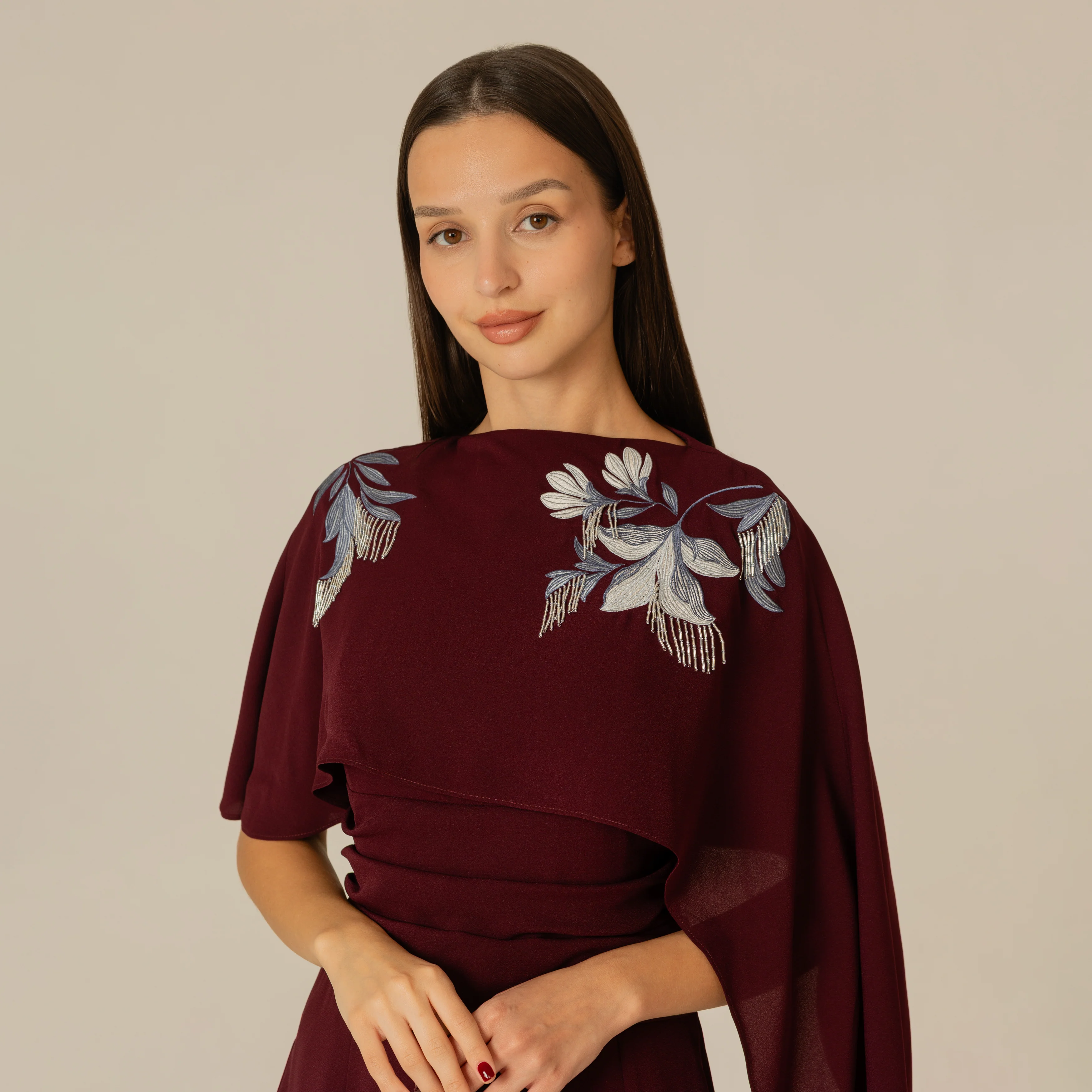 Burgundy Embellished Crepe Cape Dress - Image 13